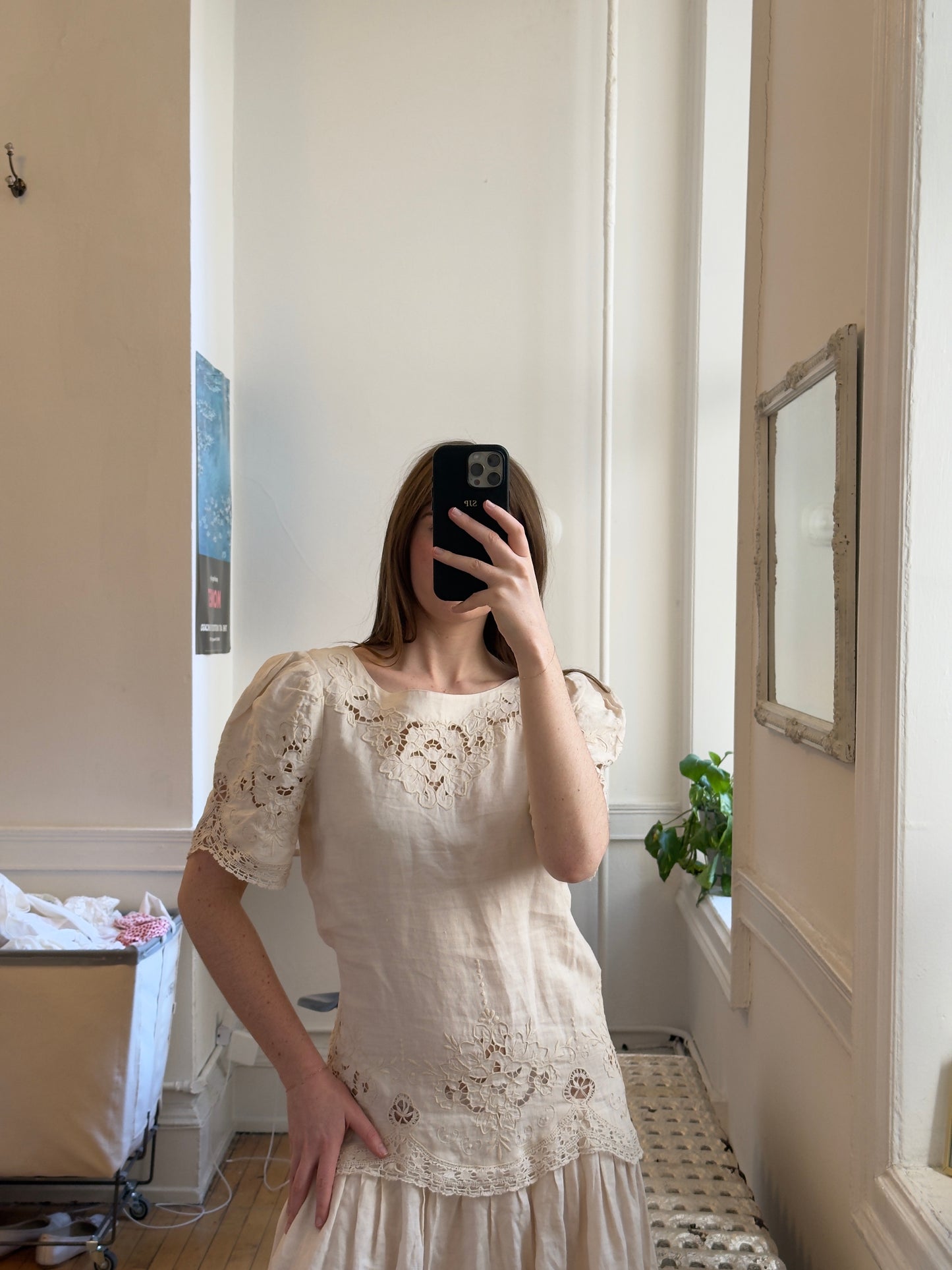 Vintage 80's Linen Embroidered Drop Waist Dress
