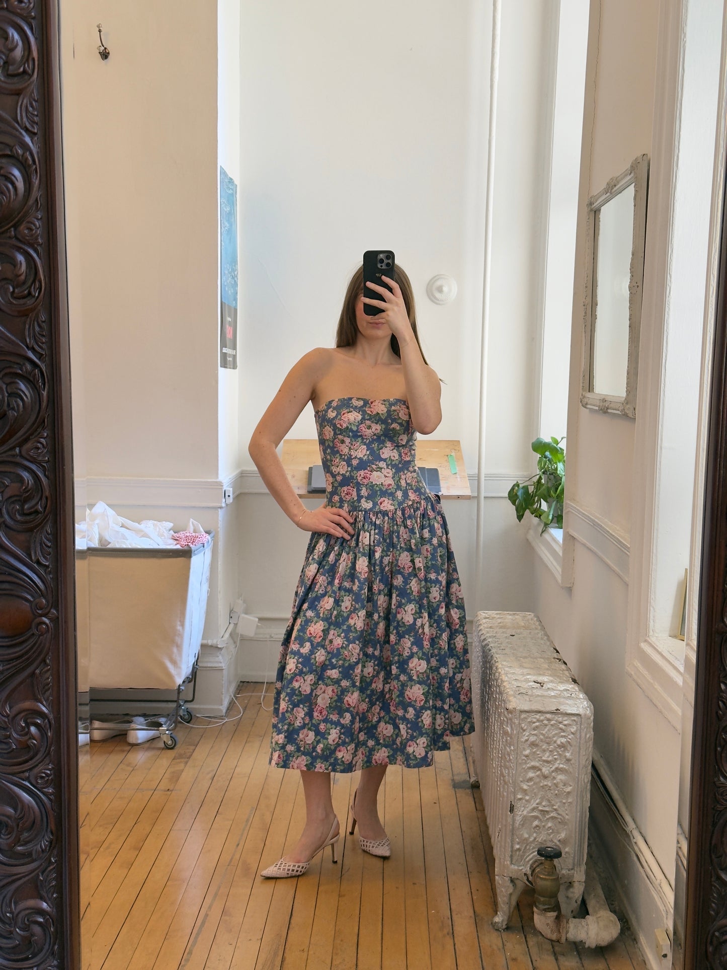Vintage 80's Blue Floral Strapless Tea Length Midi Dress