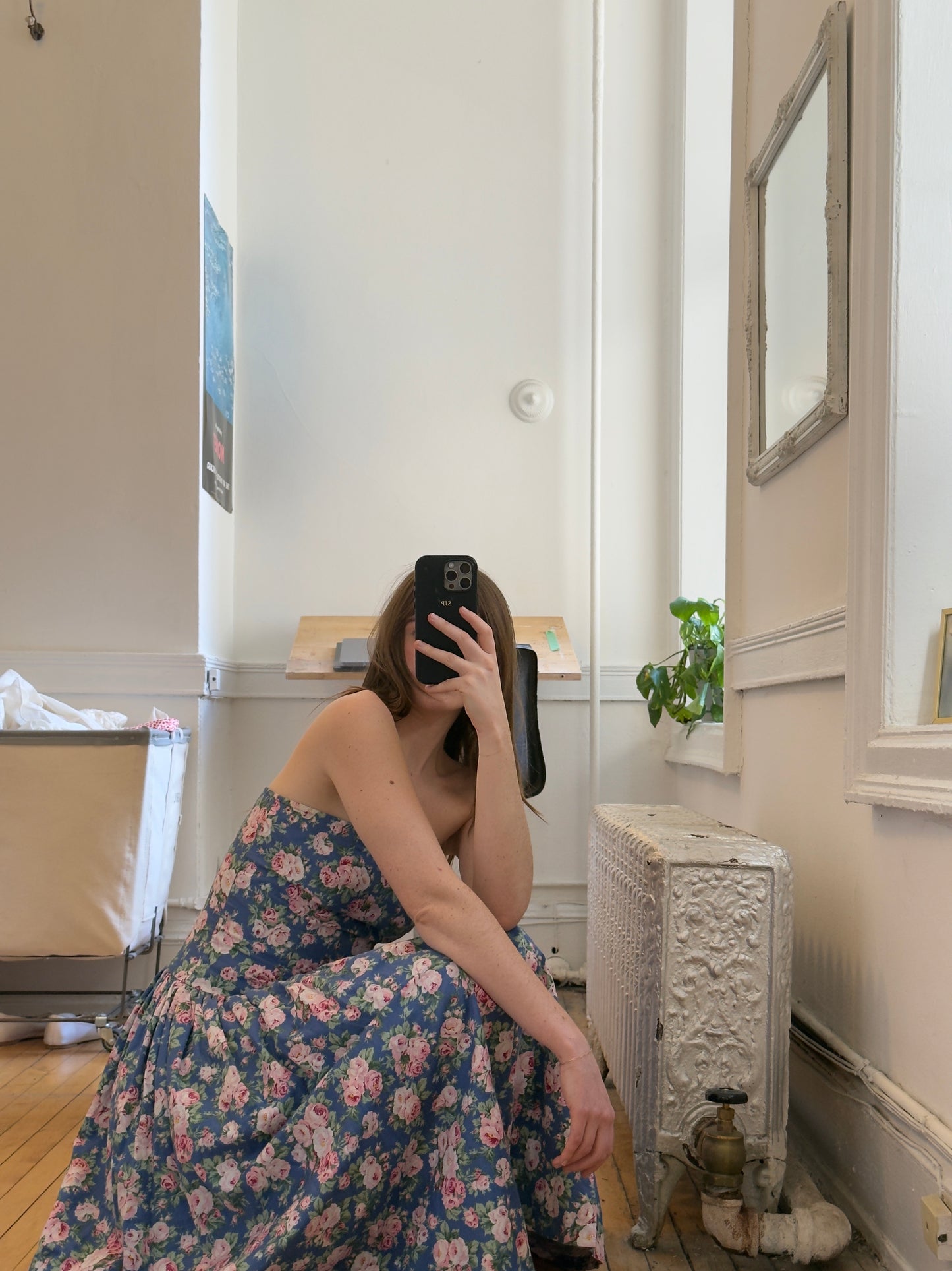 Vintage 80's Blue Floral Strapless Tea Length Midi Dress