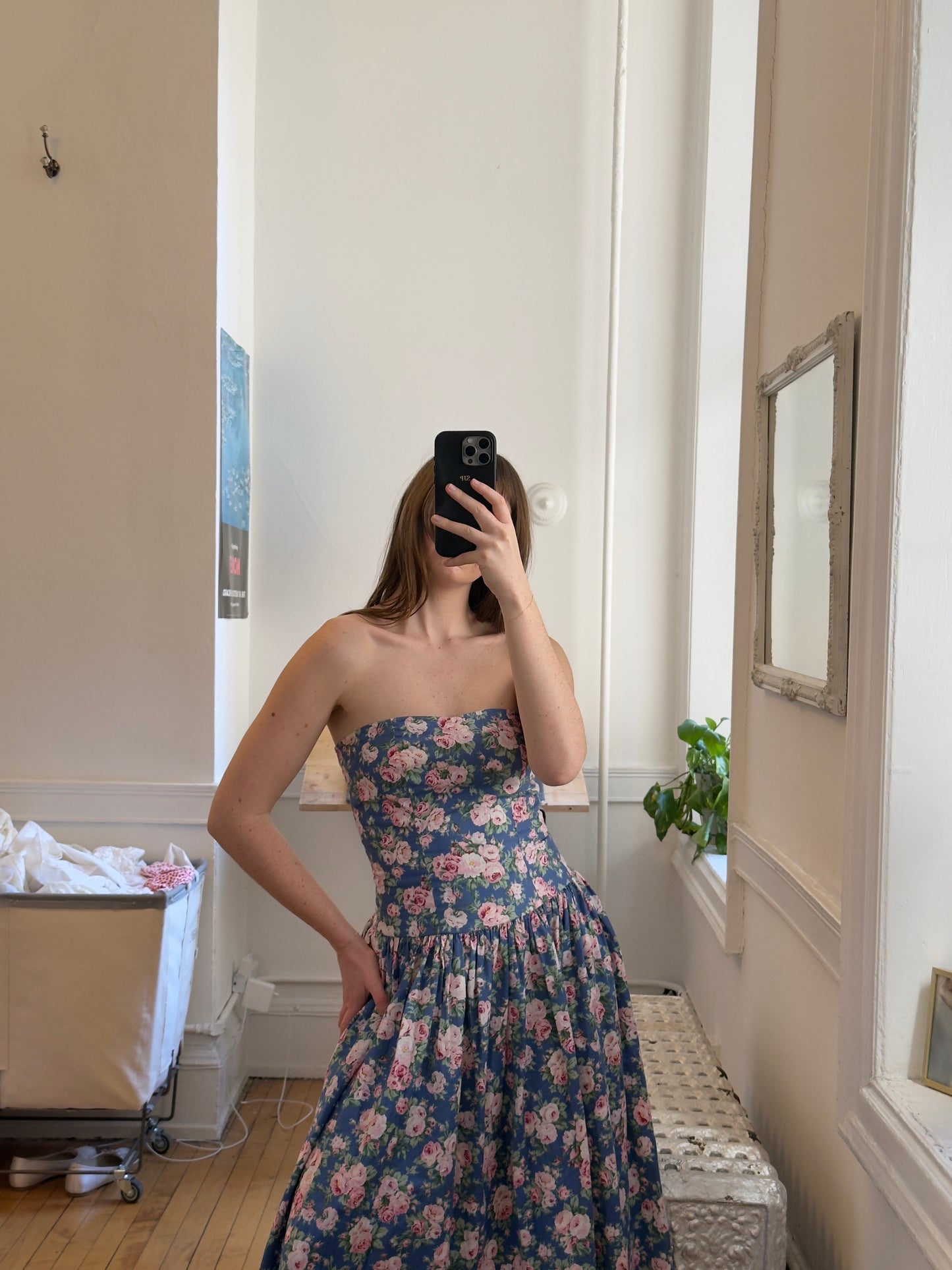 Vintage 80's Blue Floral Strapless Tea Length Midi Dress