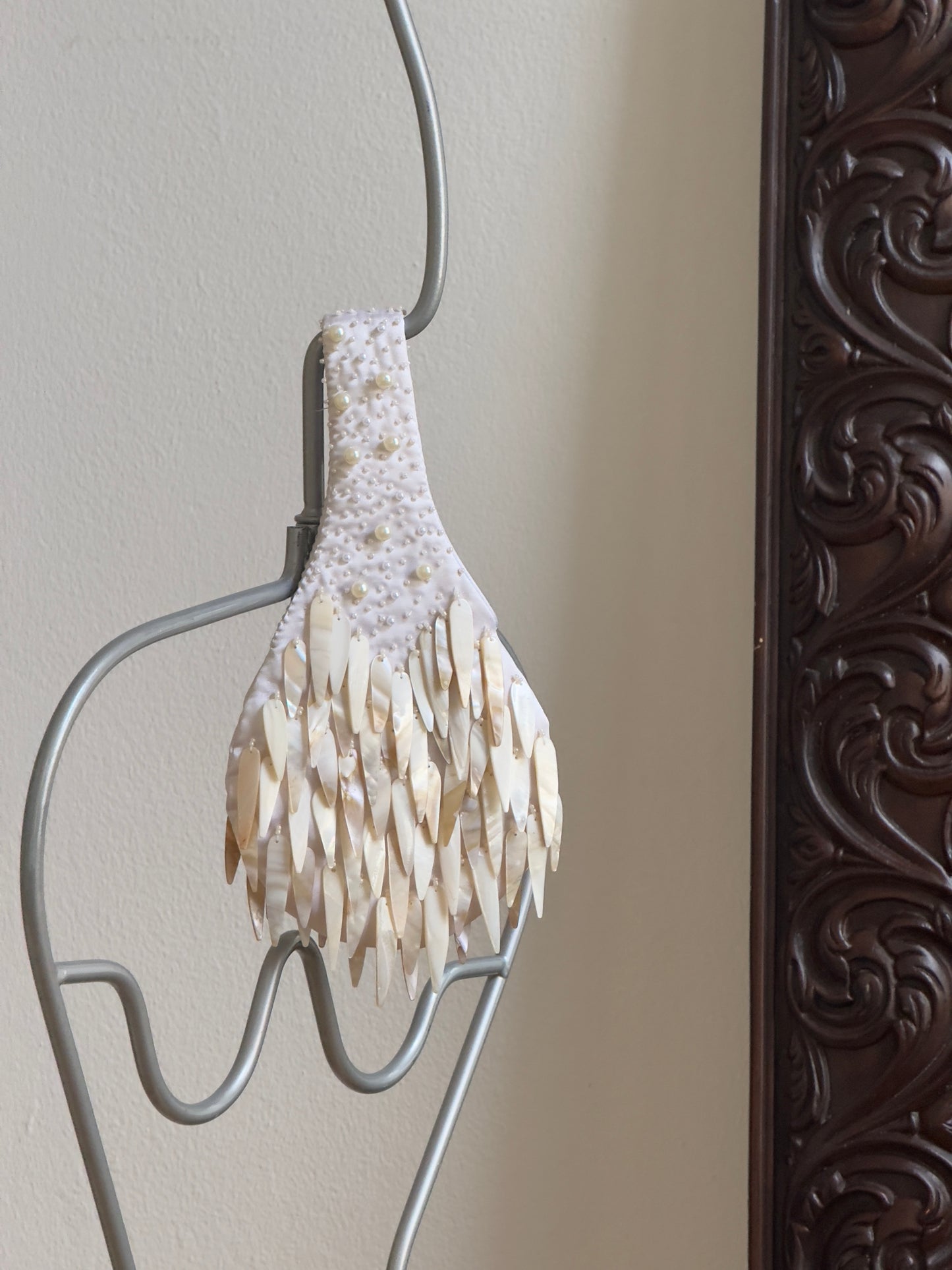 Vintage 60's White Satin Mother of Pearl Shell Teardrop Wristlet