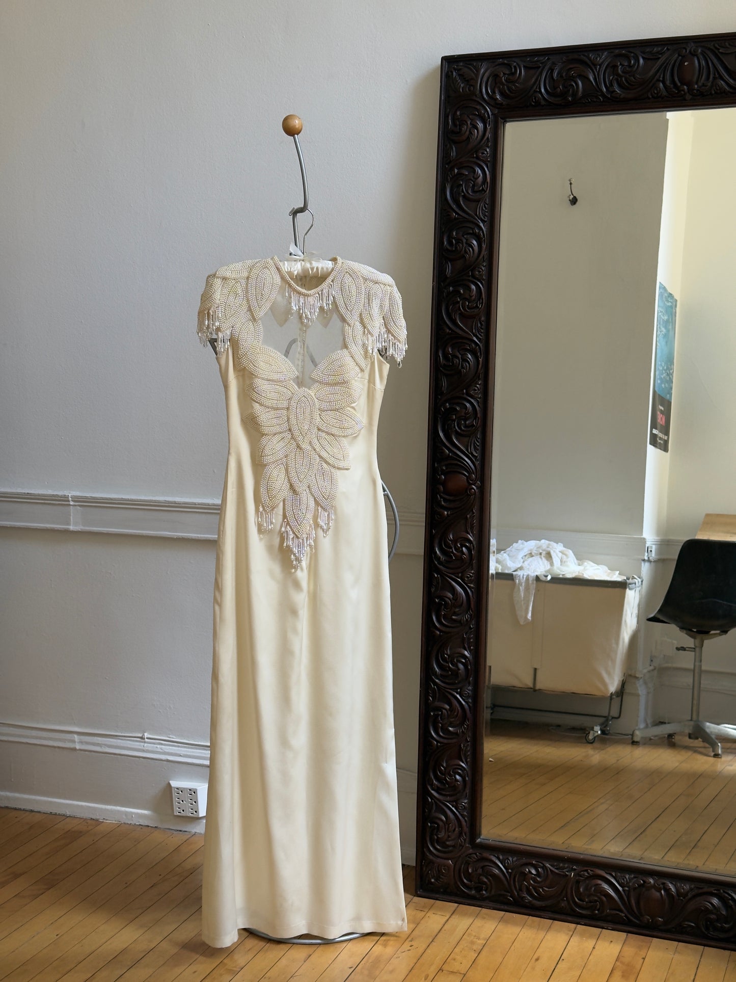 Vintage 70's Embellished Satin Bridal Dress with Intricate Fringe Beading
