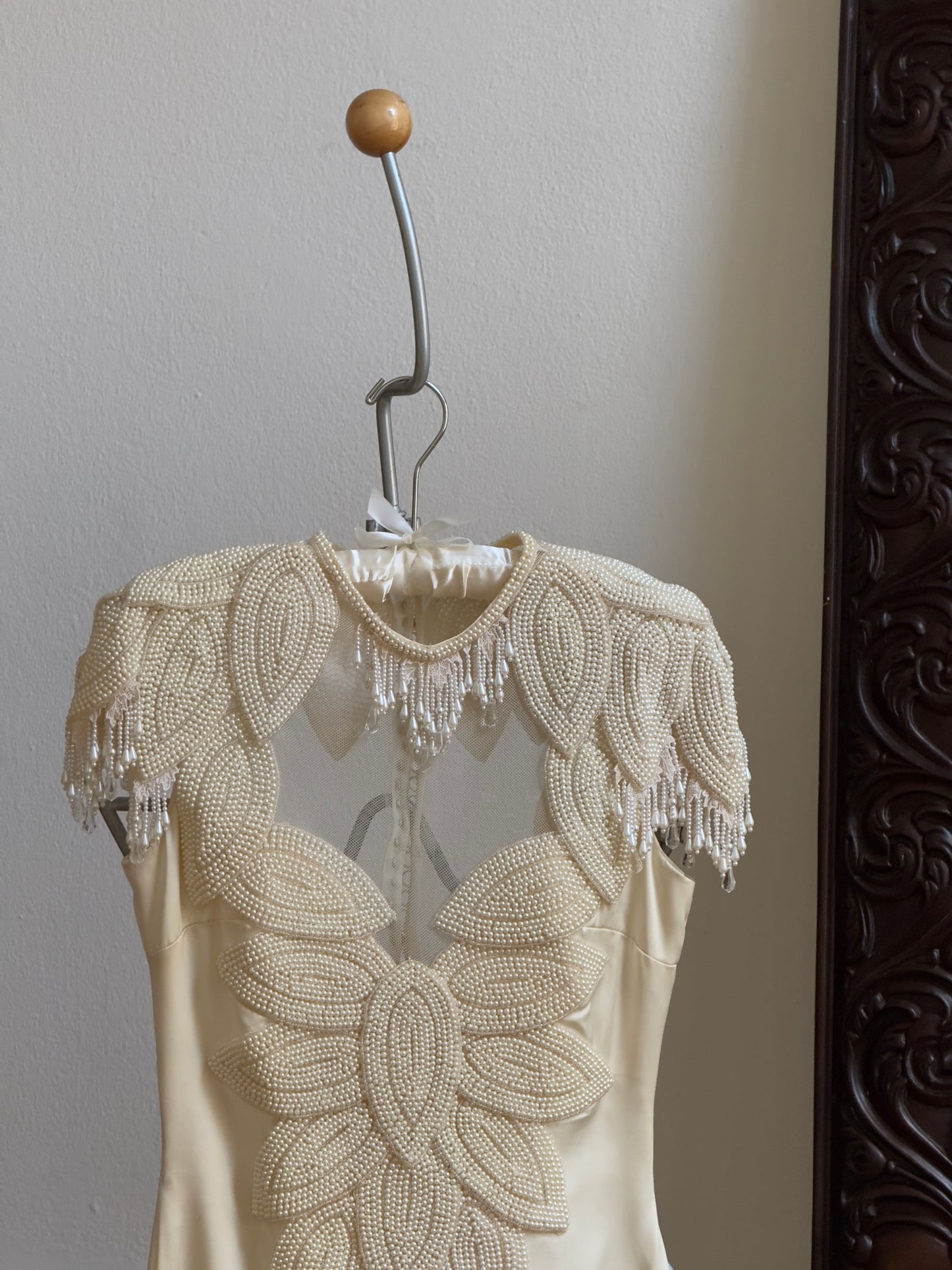 Vintage 70's Embellished Satin Bridal Dress with Intricate Fringe Beading