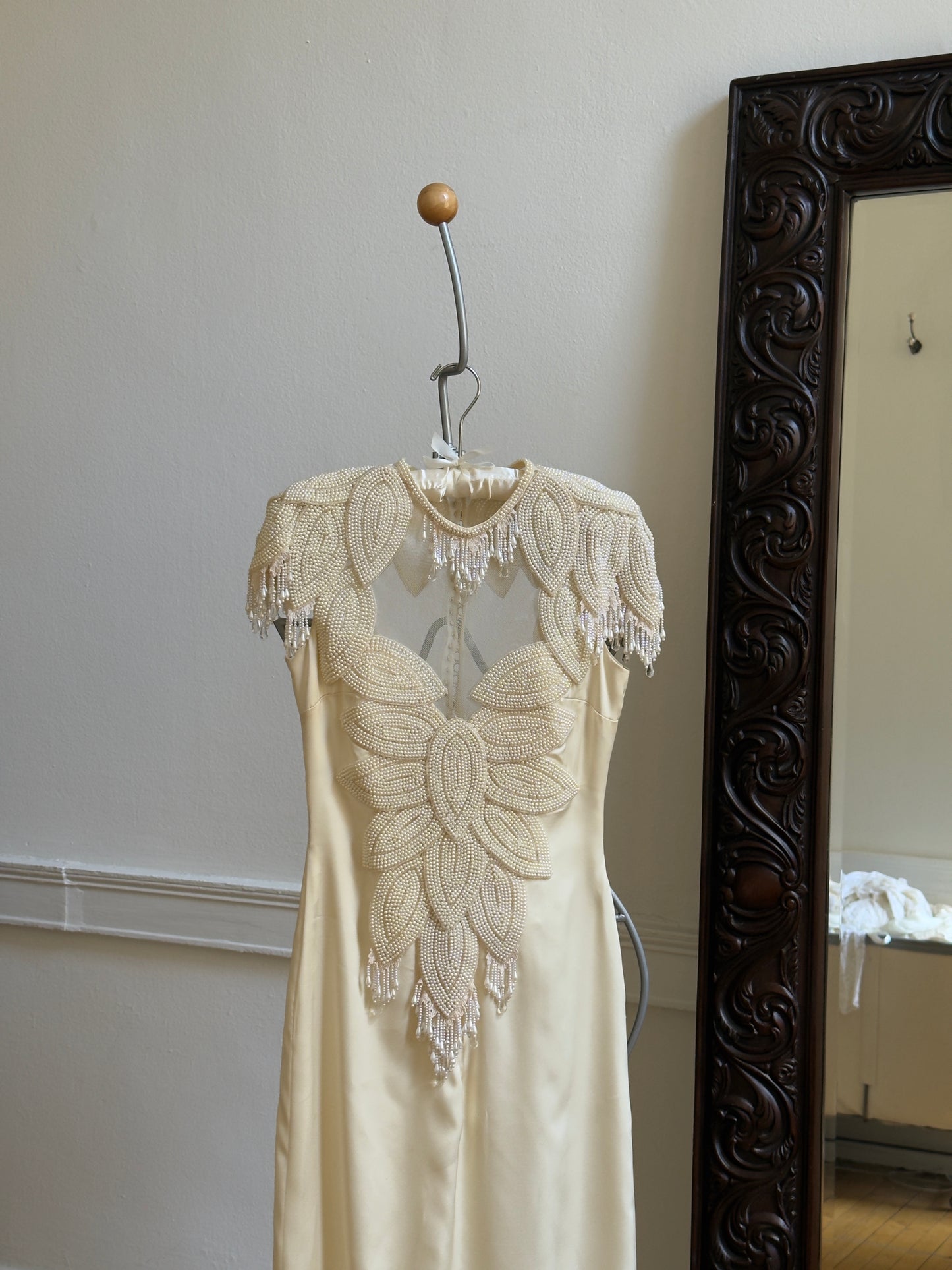 Vintage 70's Embellished Satin Bridal Dress with Intricate Fringe Beading