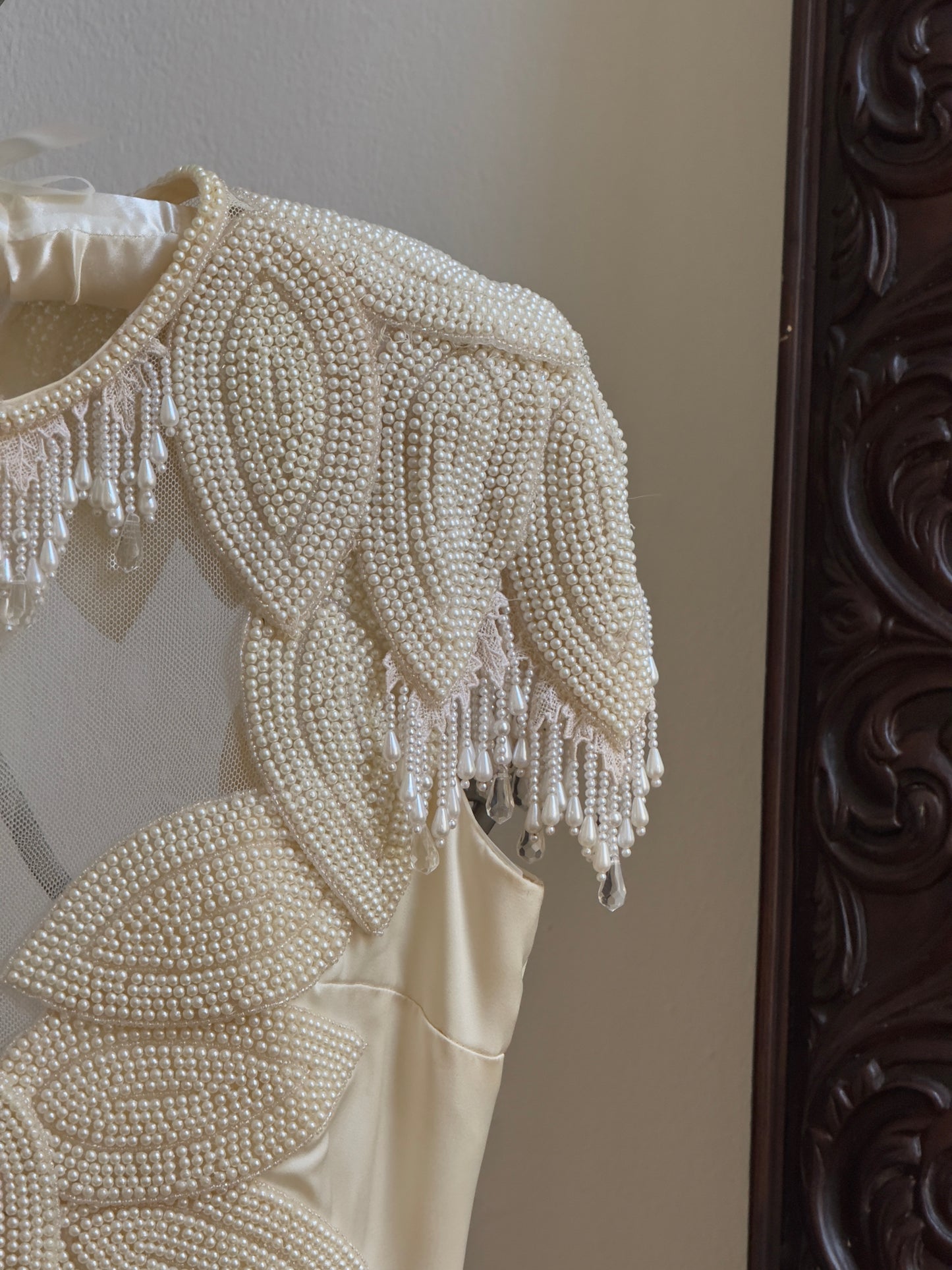 Vintage 70's Embellished Satin Bridal Dress with Intricate Fringe Beading