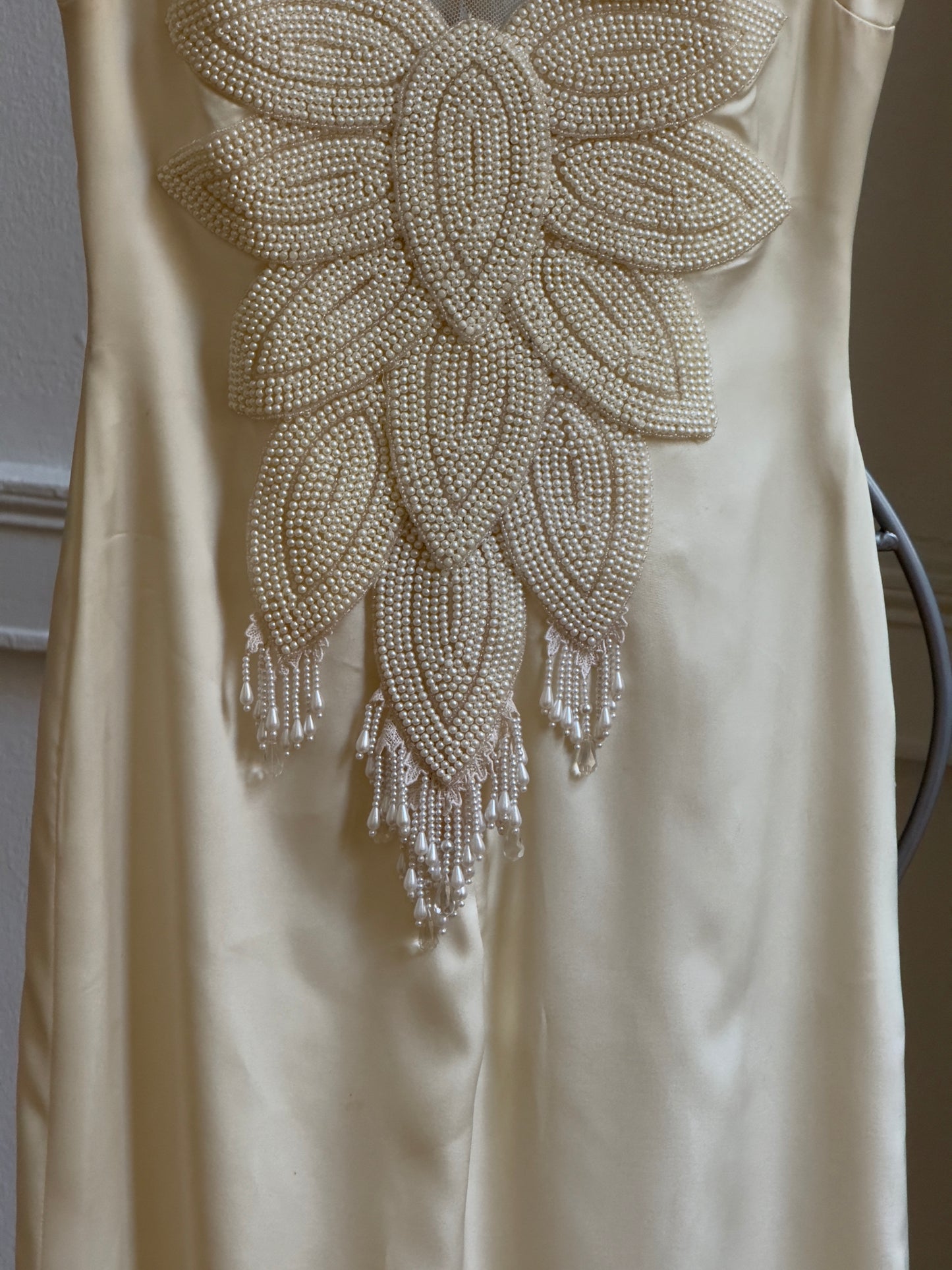 Vintage 70's Embellished Satin Bridal Dress with Intricate Fringe Beading