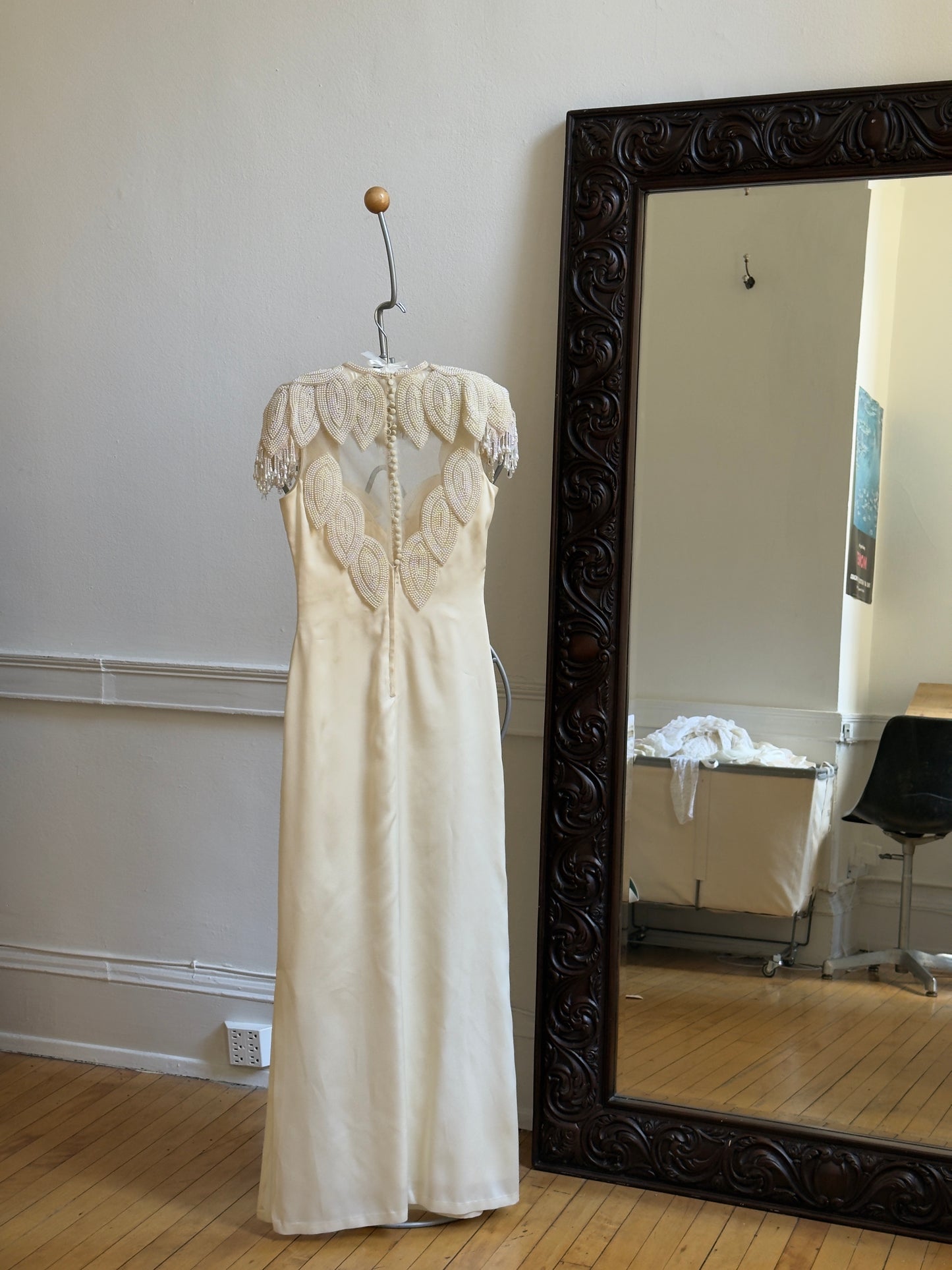 Vintage 70's Embellished Satin Bridal Dress with Intricate Fringe Beading