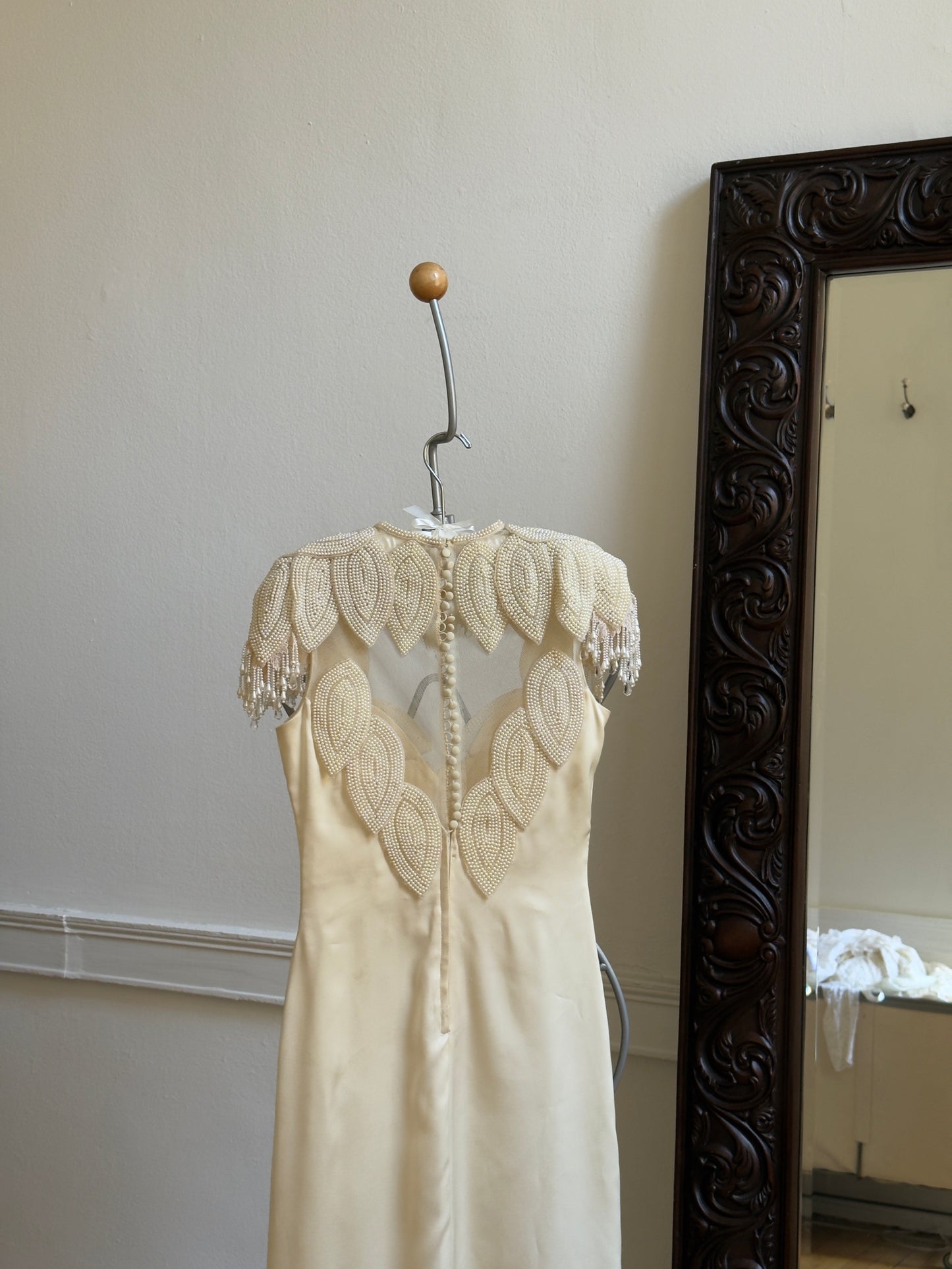 Vintage 70's Embellished Satin Bridal Dress with Intricate Fringe Beading