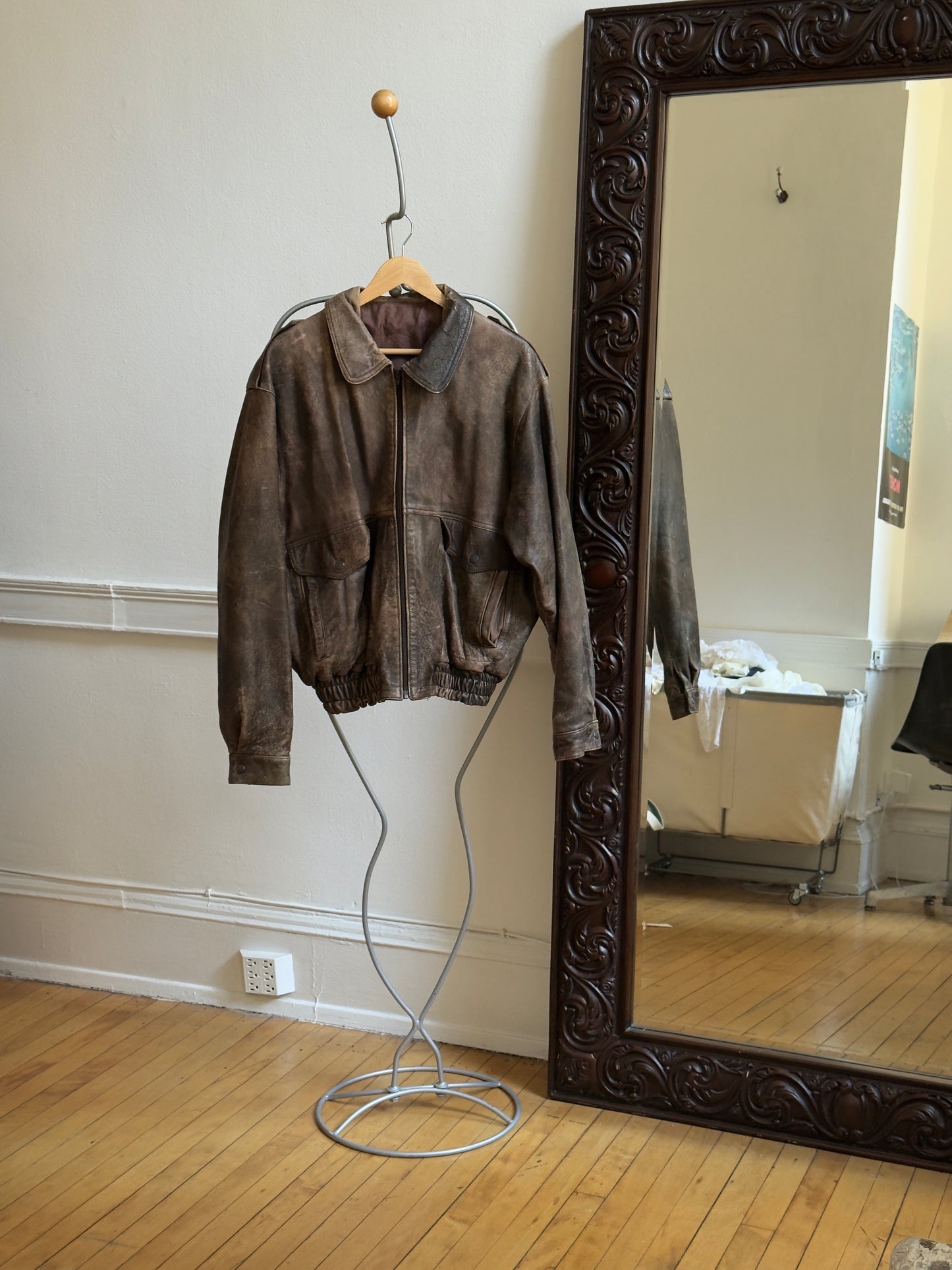 Vintage 80's Brown Distressed Leather Bomber Jacket