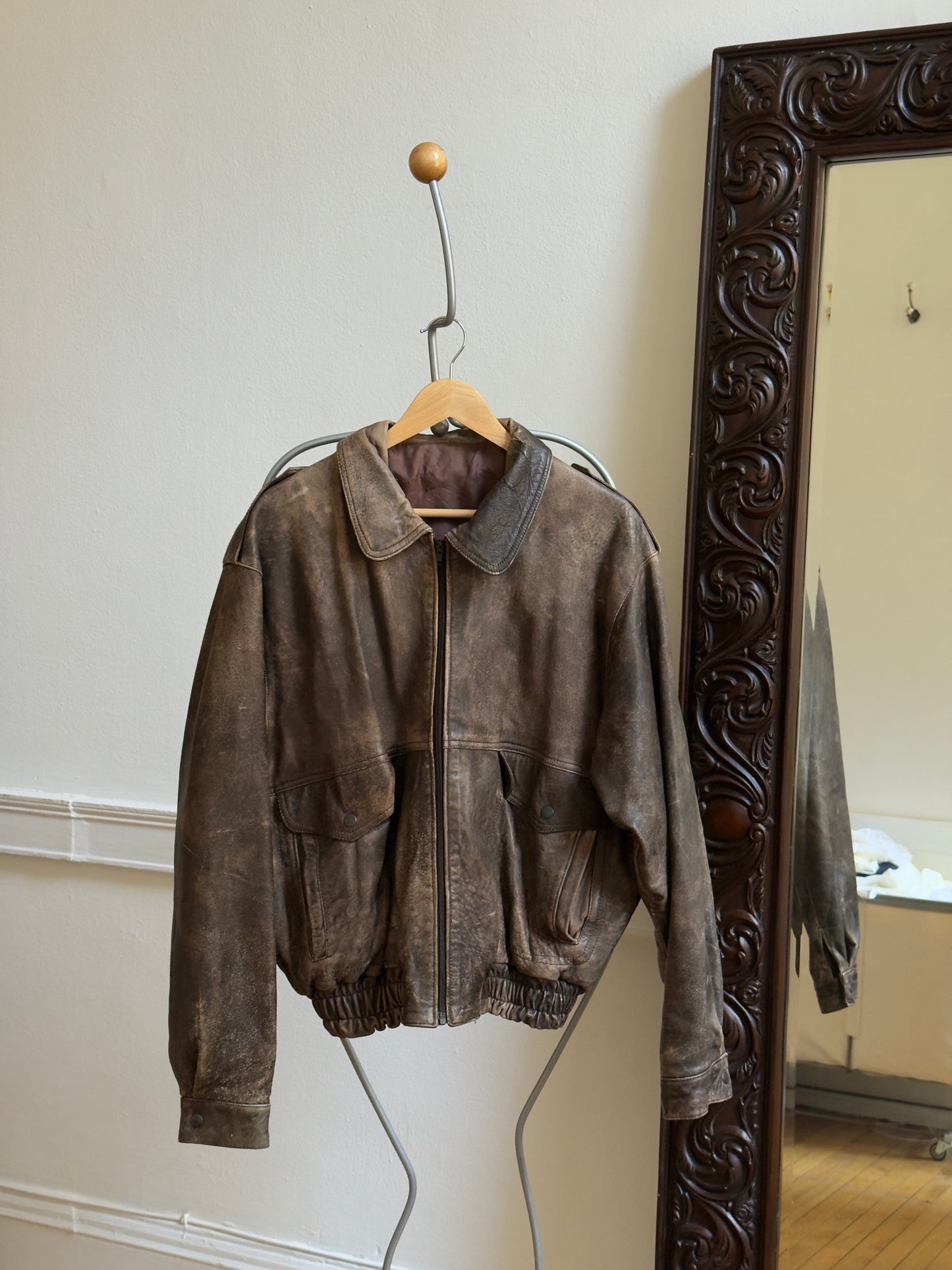 Vintage 80's Brown Distressed Leather Bomber Jacket