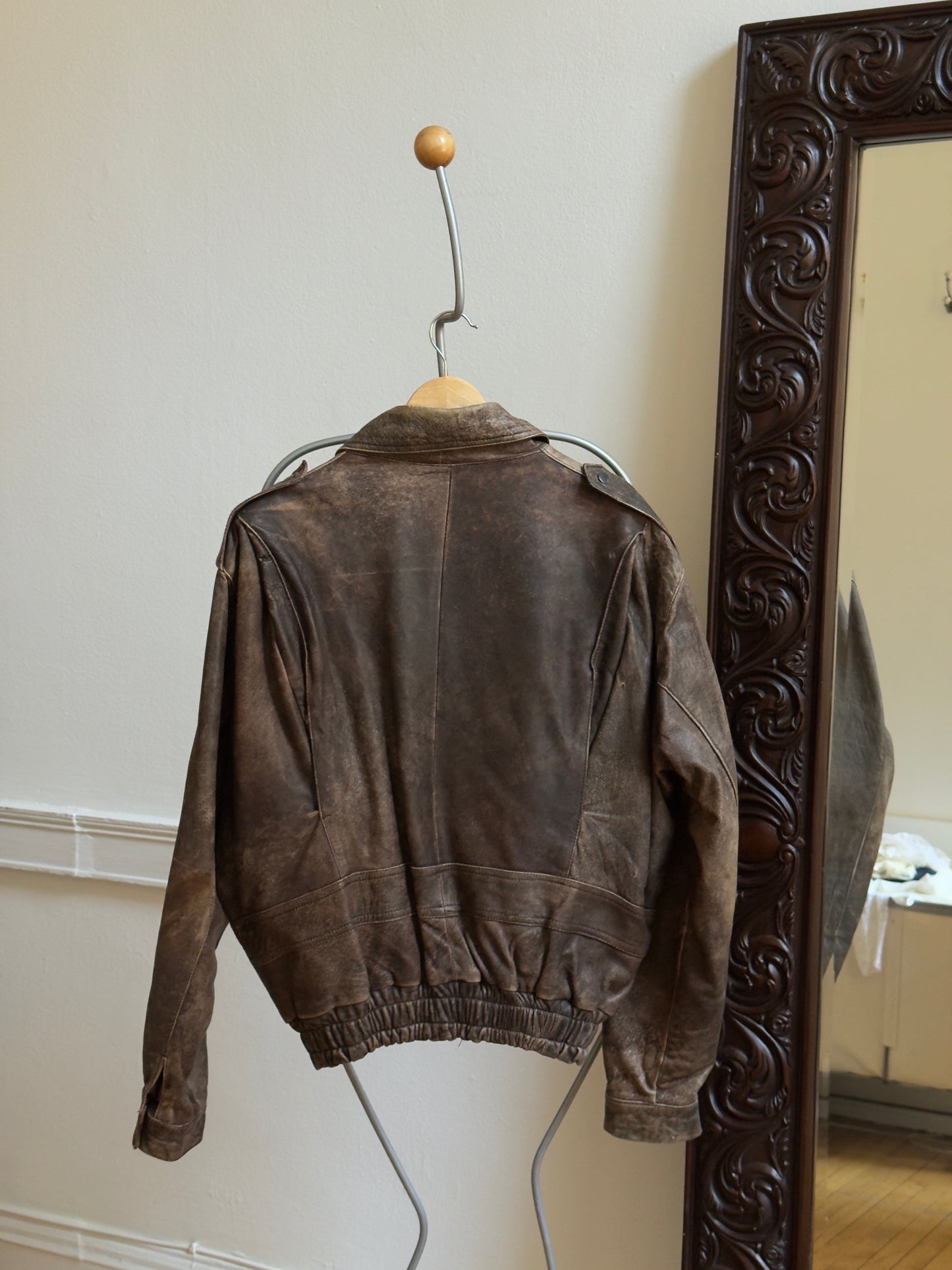 Vintage 80's Brown Distressed Leather Bomber Jacket