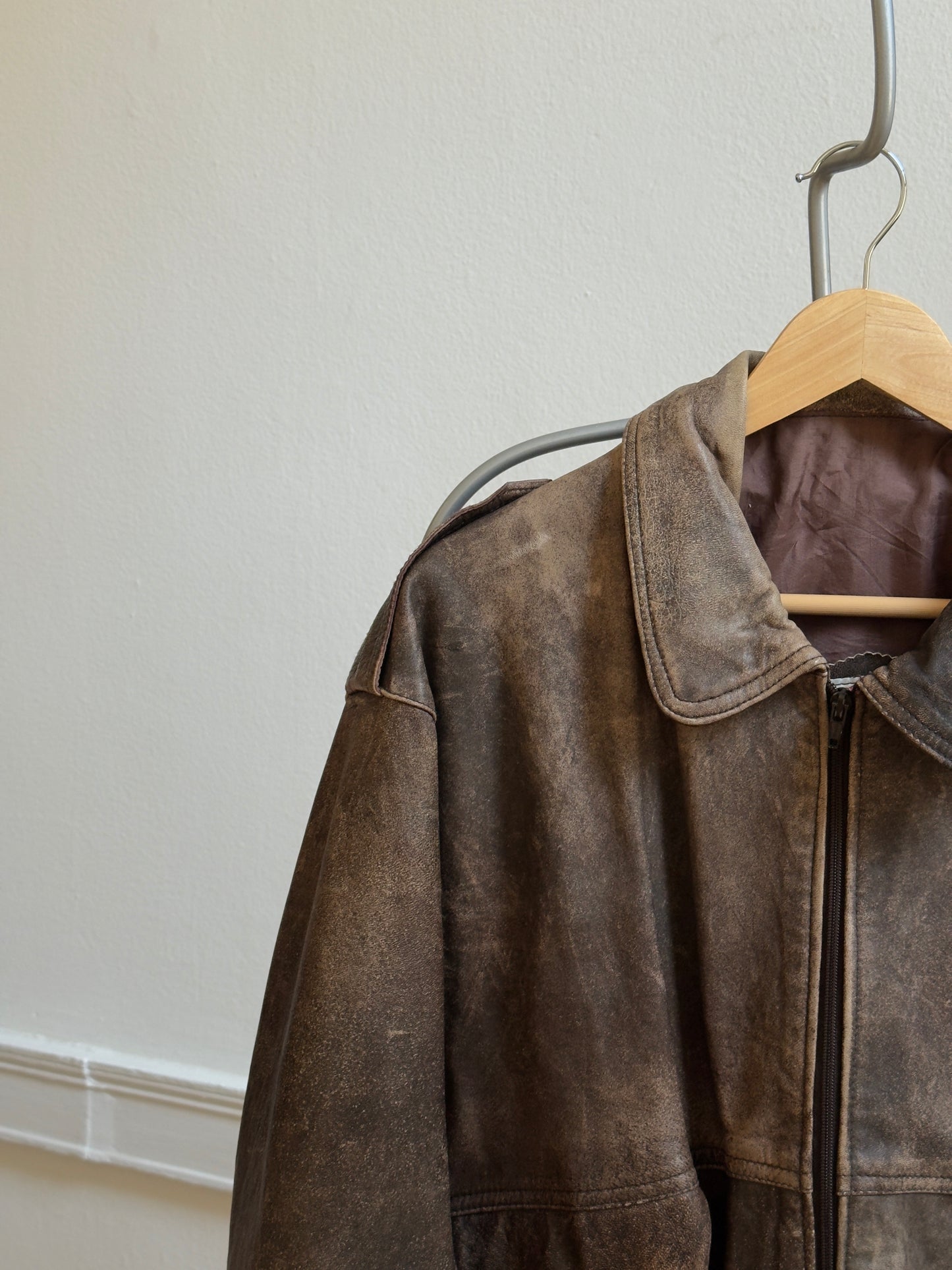 Vintage 80's Brown Distressed Leather Bomber Jacket