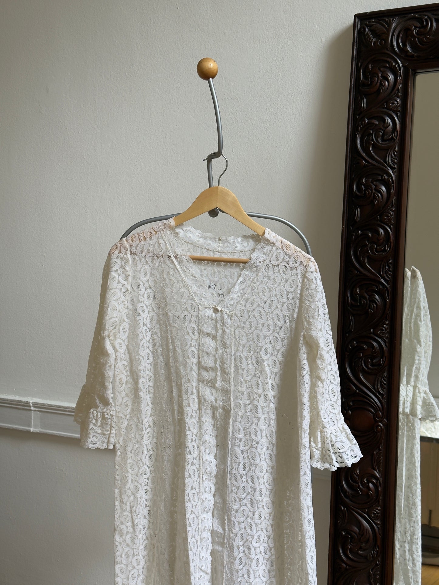 Vintage 70's Ivory Lace Overlay Duster Robe