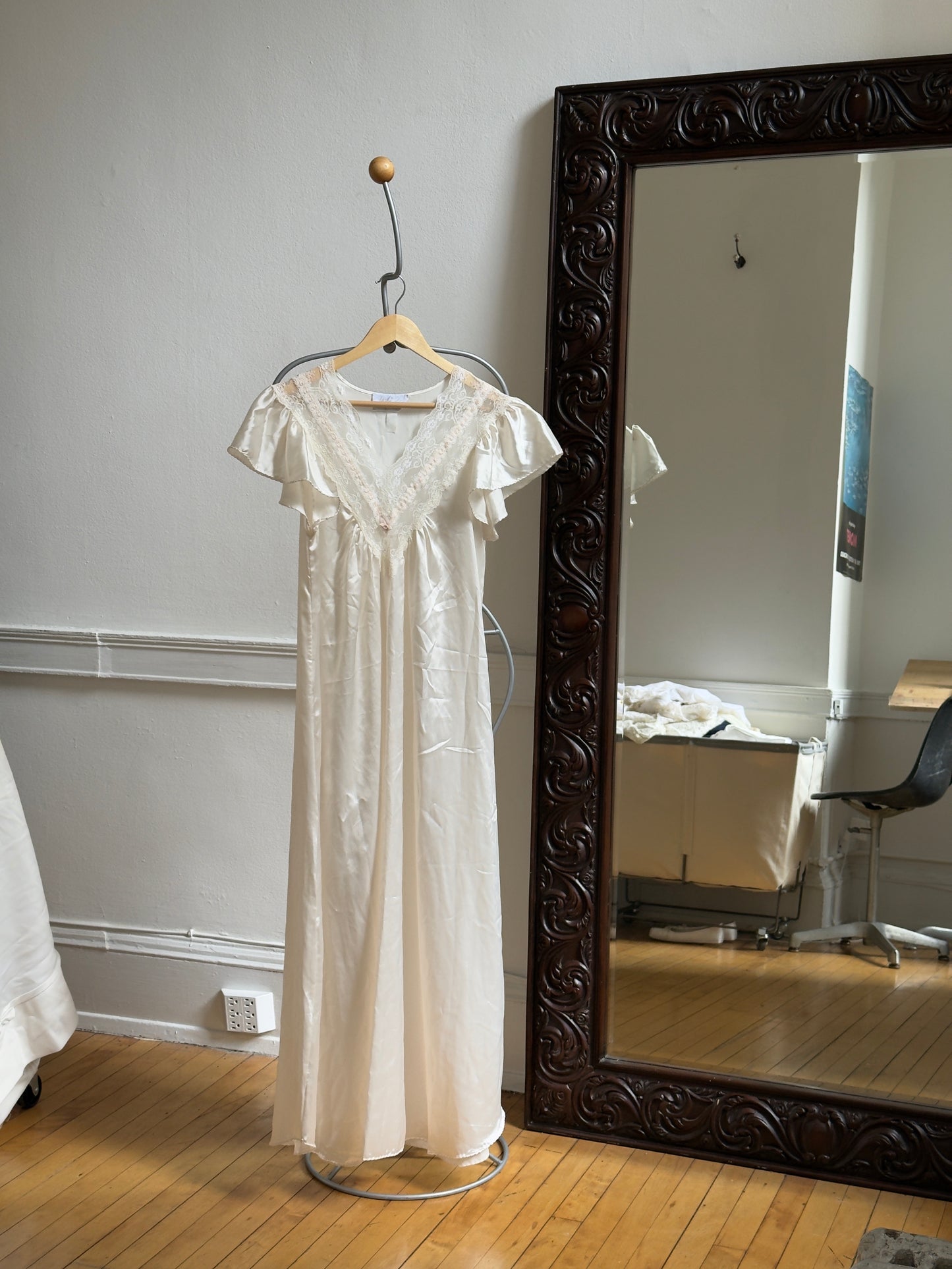 Vintage 70's Ivory Satin Maxi Slip Dress/Nightgown with Lace Detailing