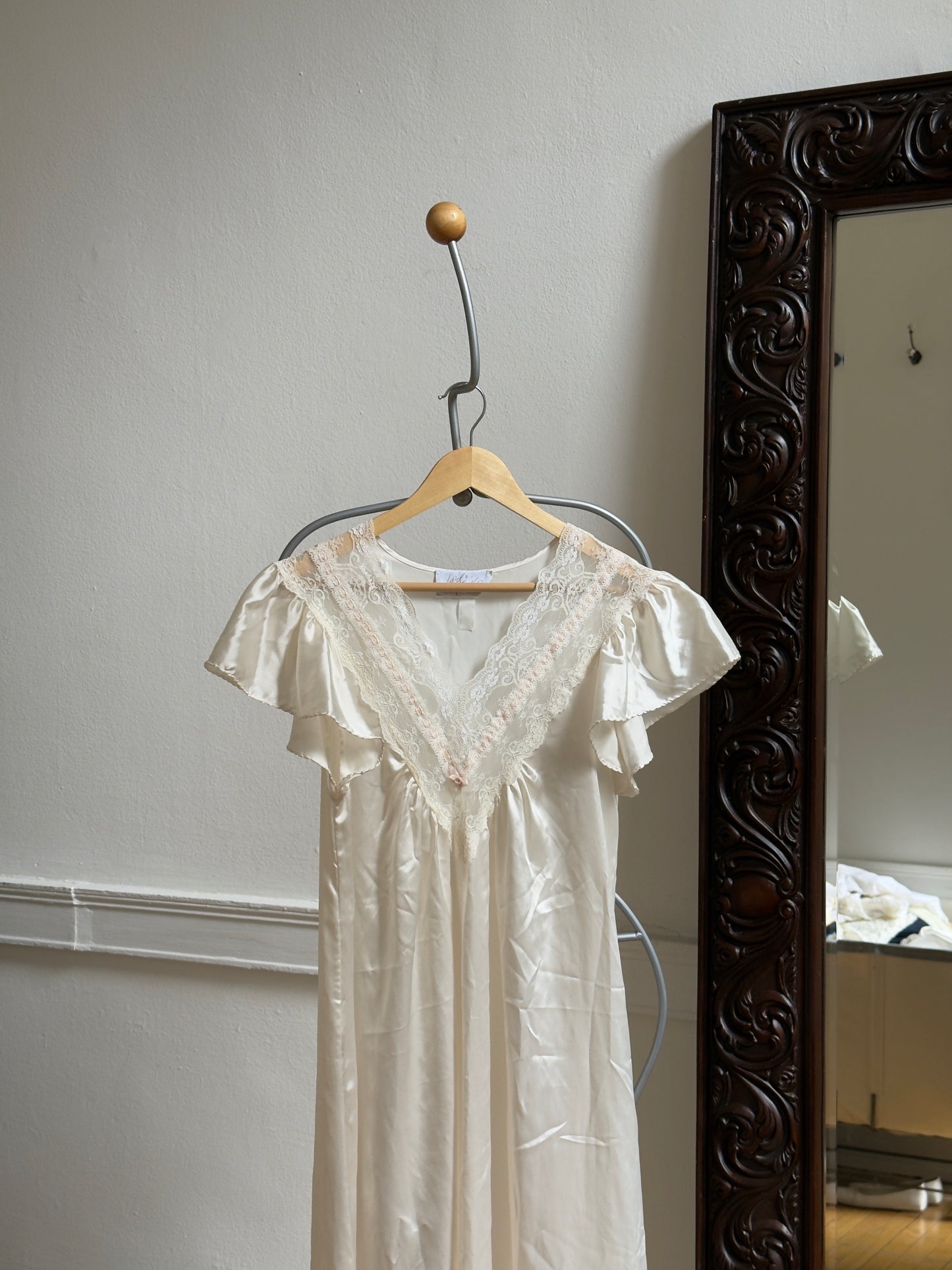 Vintage 70's Ivory Satin Maxi Slip Dress/Nightgown with Lace Detailing