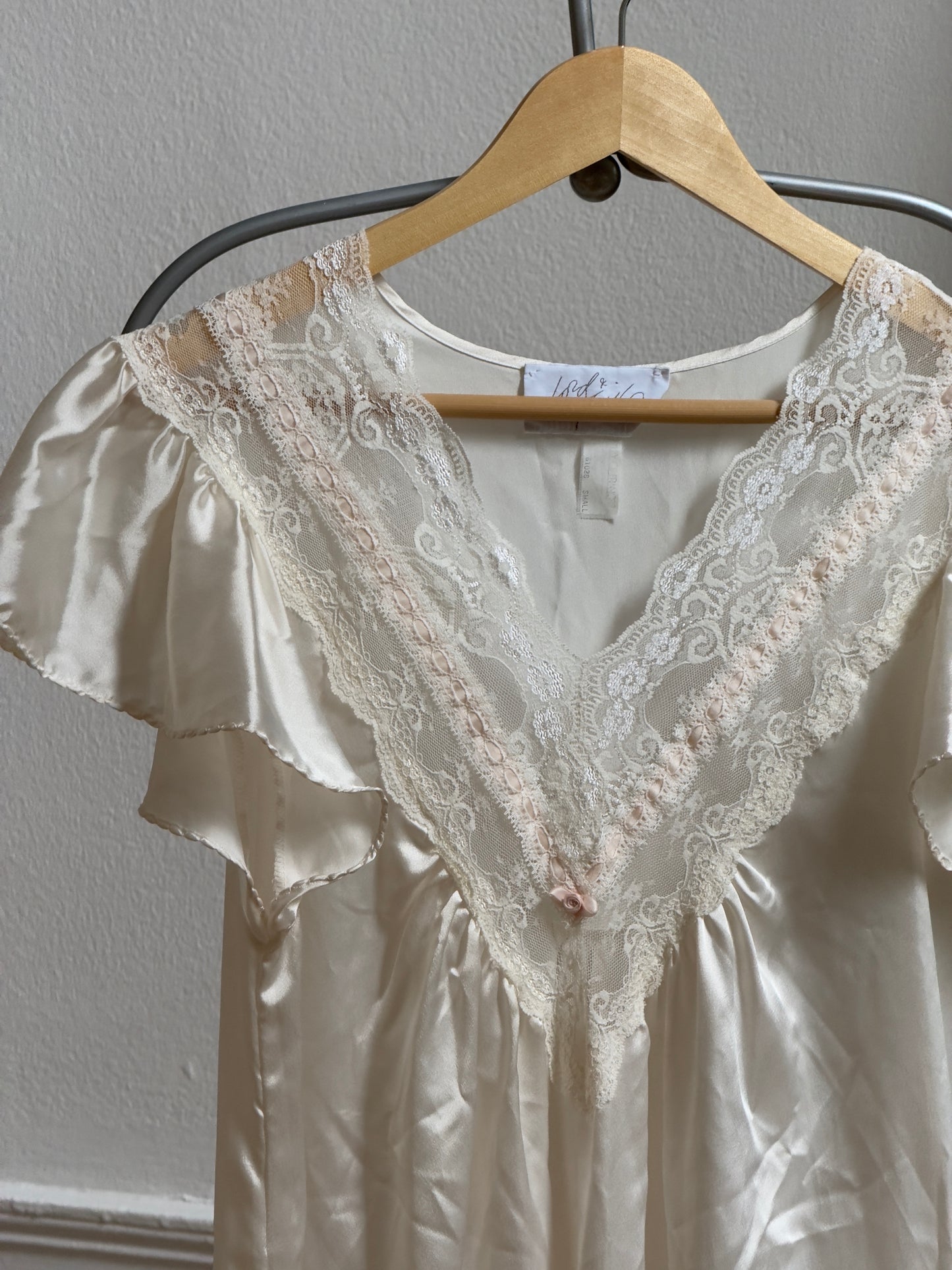 Vintage 70's Ivory Satin Maxi Slip Dress/Nightgown with Lace Detailing
