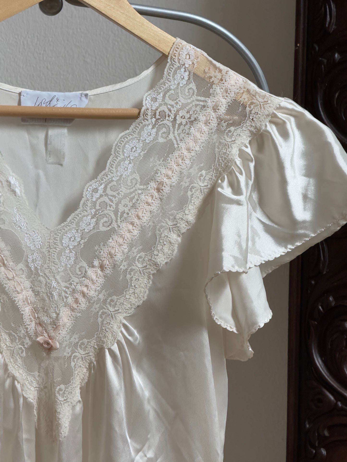 Vintage 70's Ivory Satin Maxi Slip Dress/Nightgown with Lace Detailing