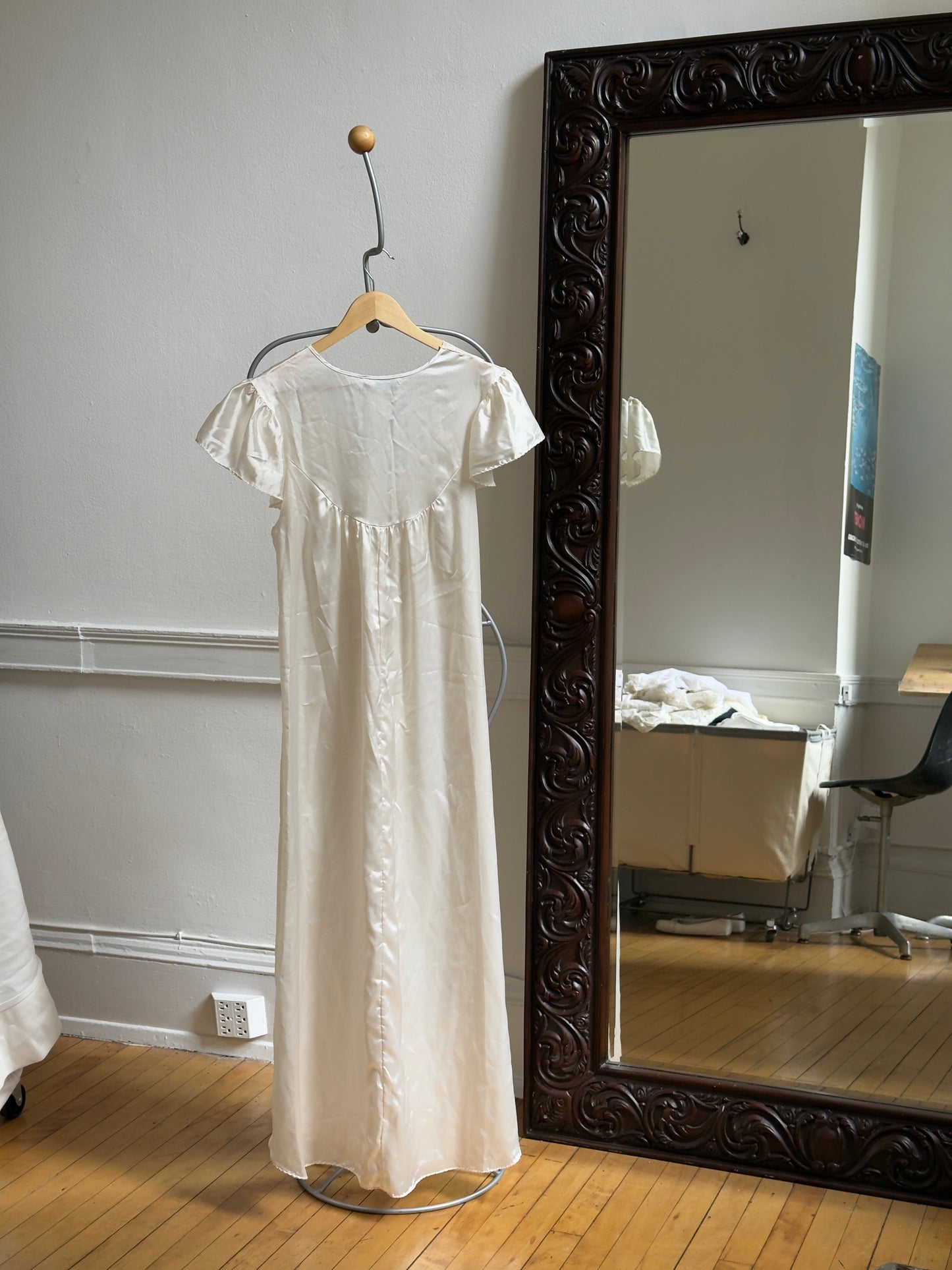 Vintage 70's Ivory Satin Maxi Slip Dress/Nightgown with Lace Detailing
