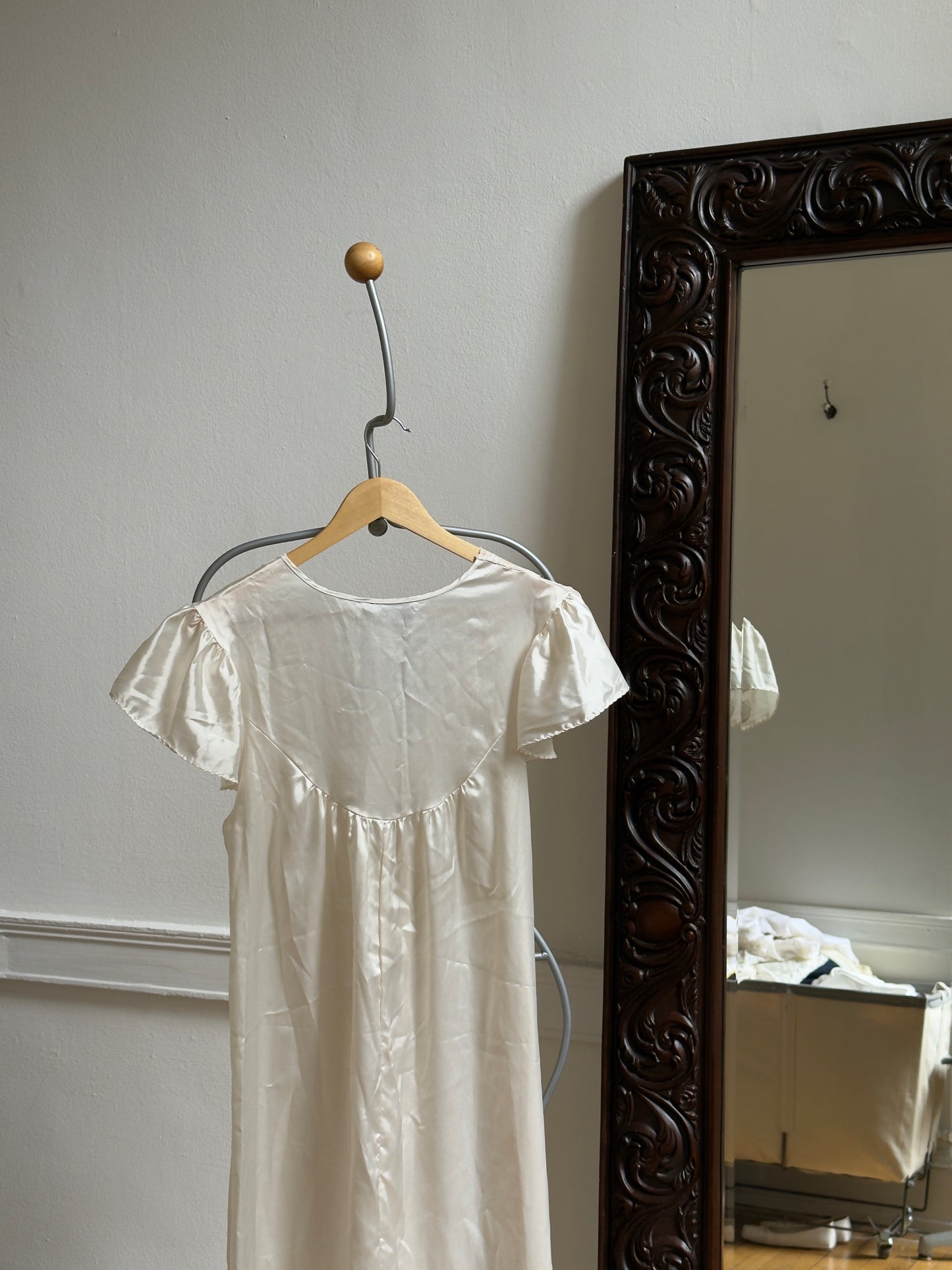 Vintage 70's Ivory Satin Maxi Slip Dress/Nightgown with Lace Detailing