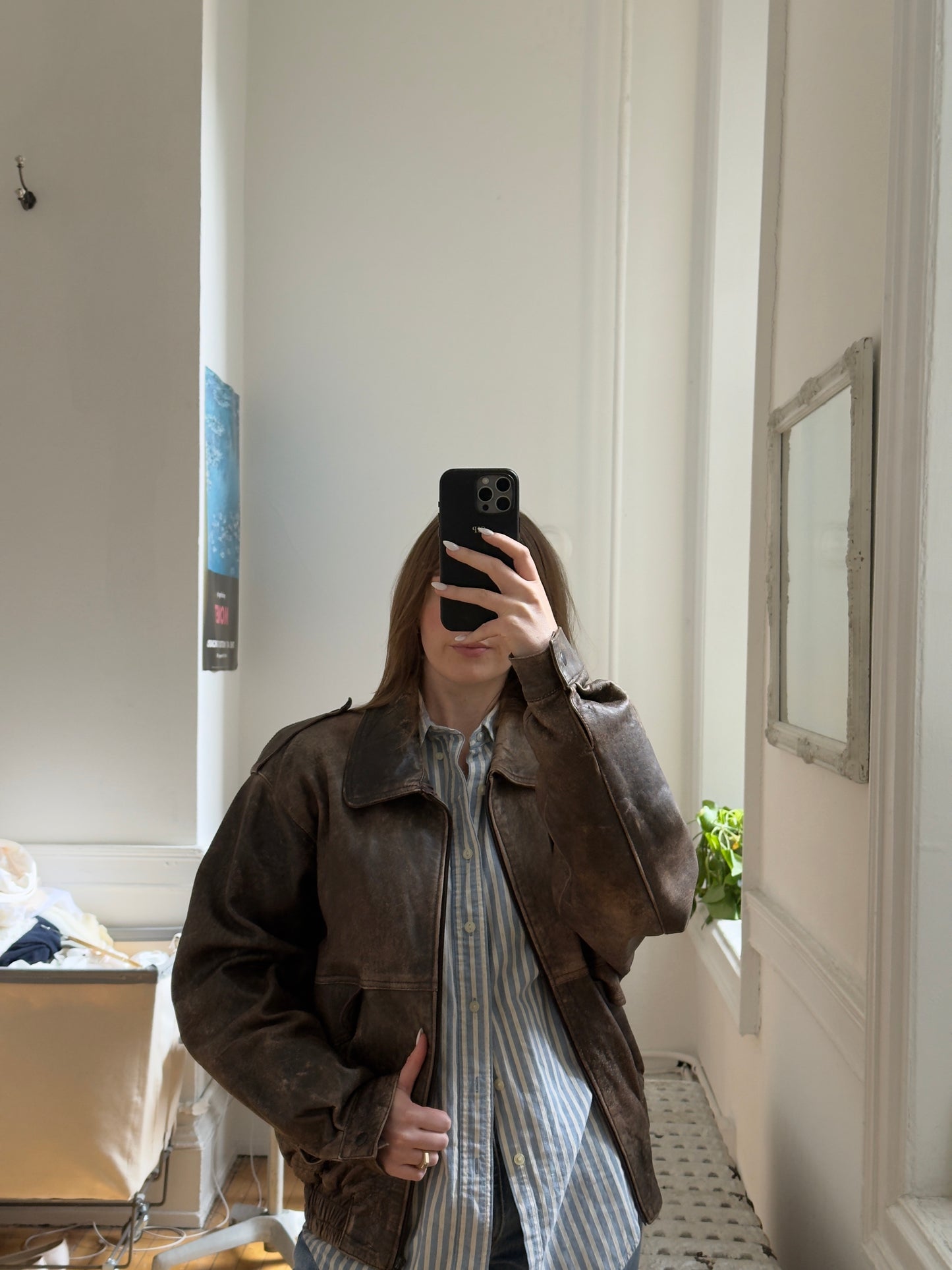 Vintage 80's Brown Distressed Leather Bomber Jacket
