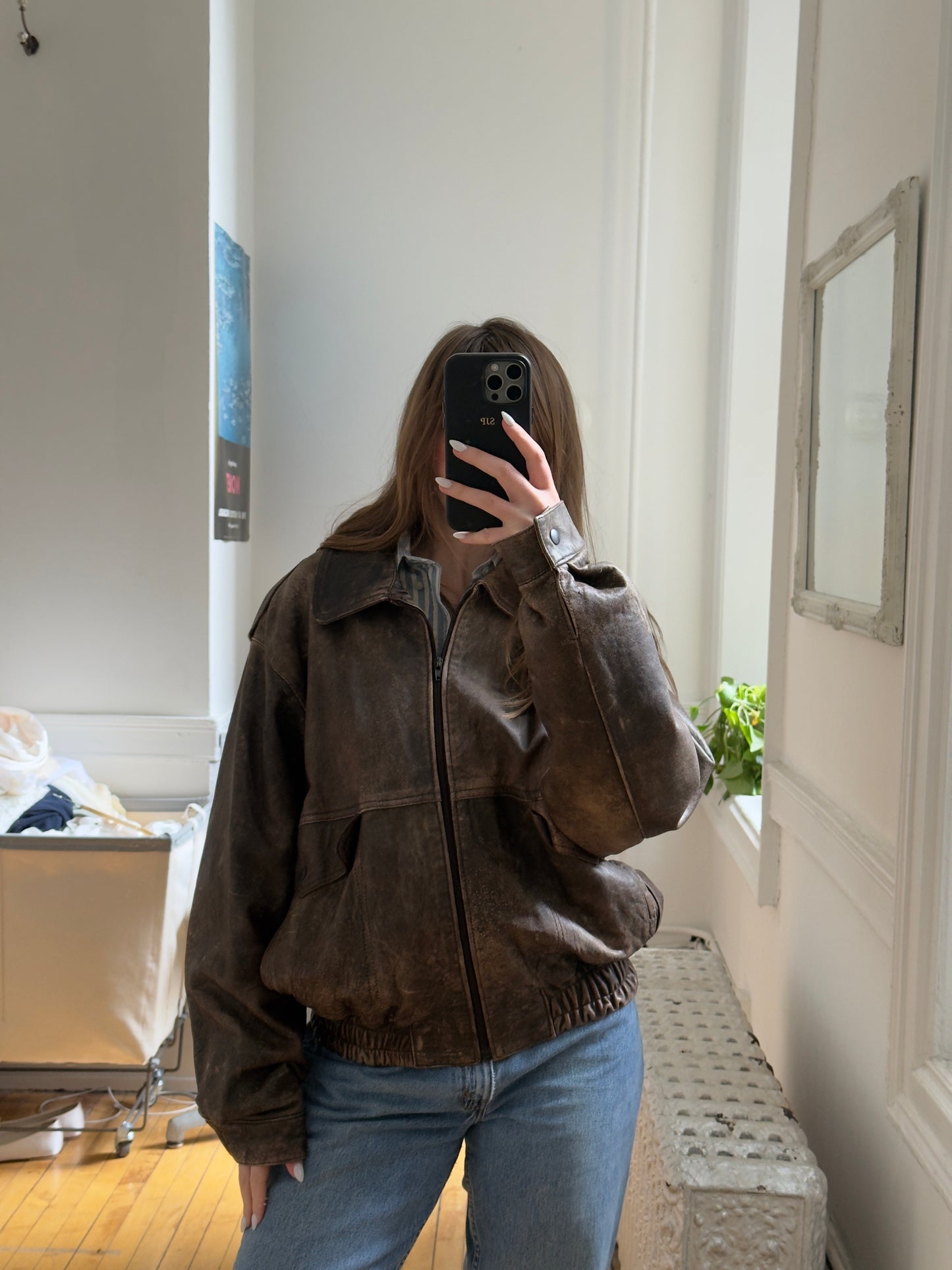 Vintage 80's Brown Distressed Leather Bomber Jacket