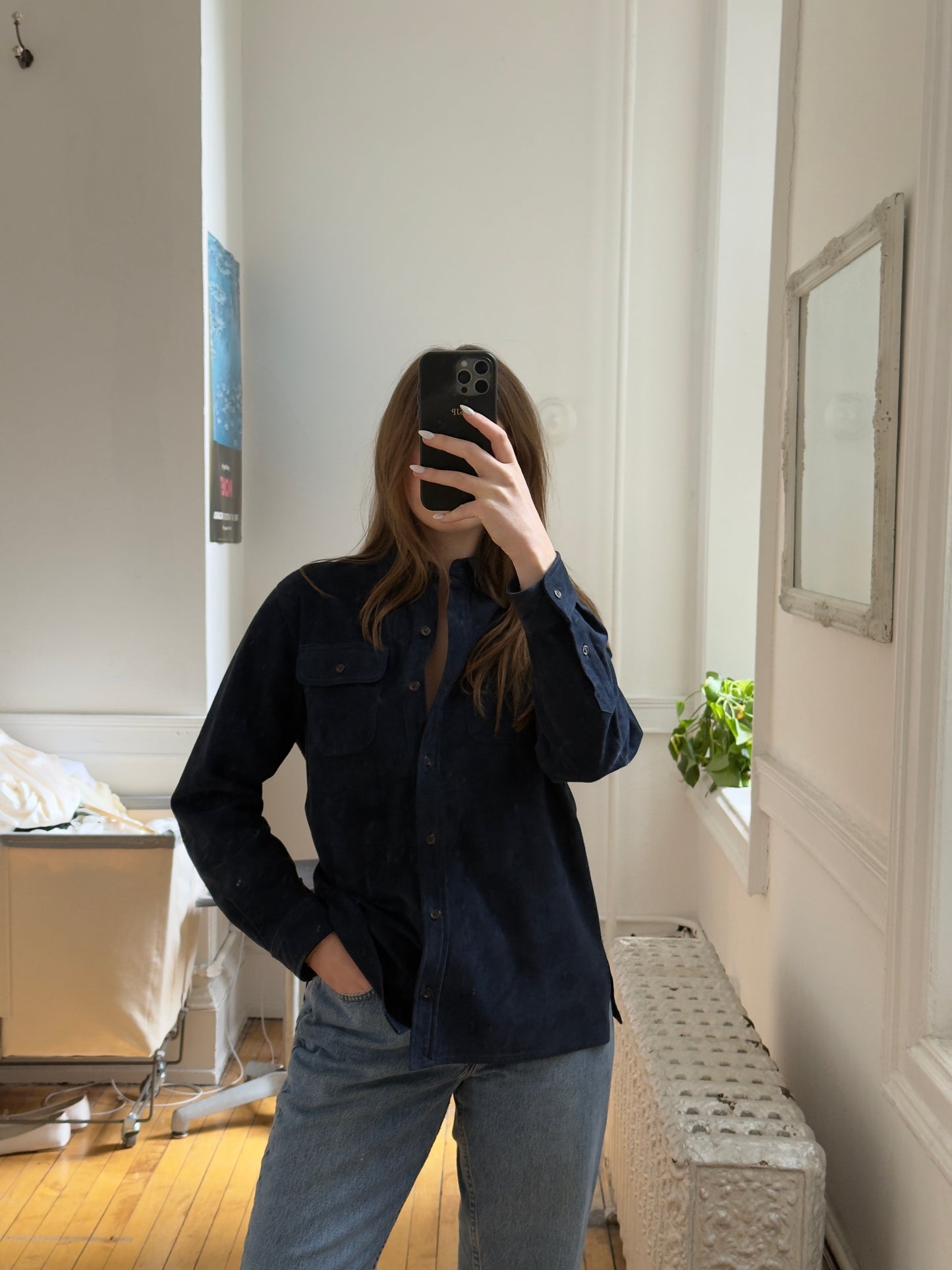 Vintage 90's Ralph Lauren Navy Leather Suede Shirt