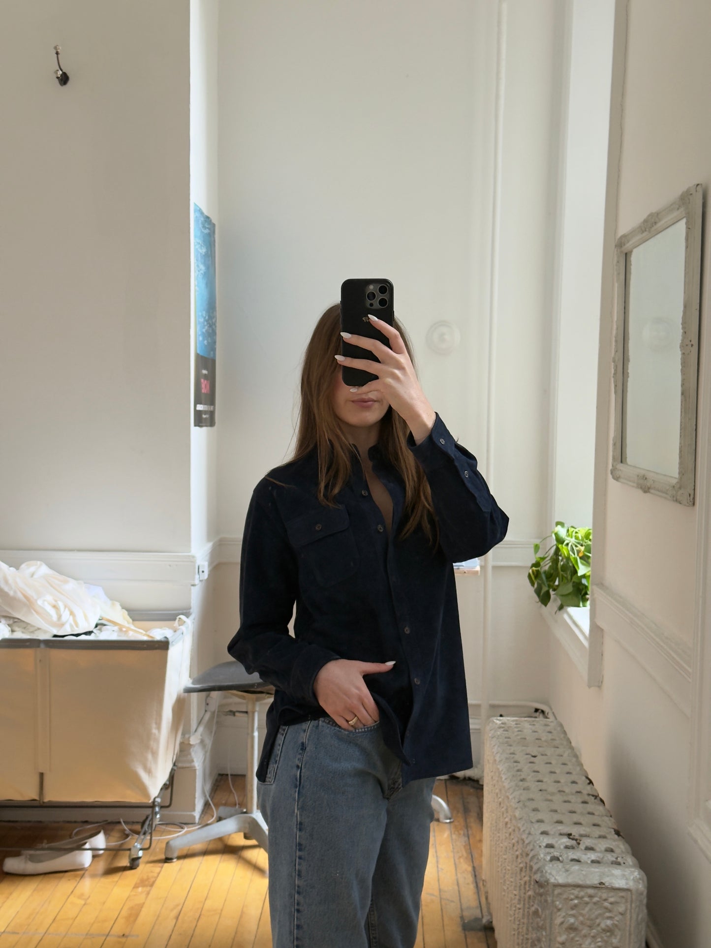 Vintage 90's Ralph Lauren Navy Leather Suede Shirt