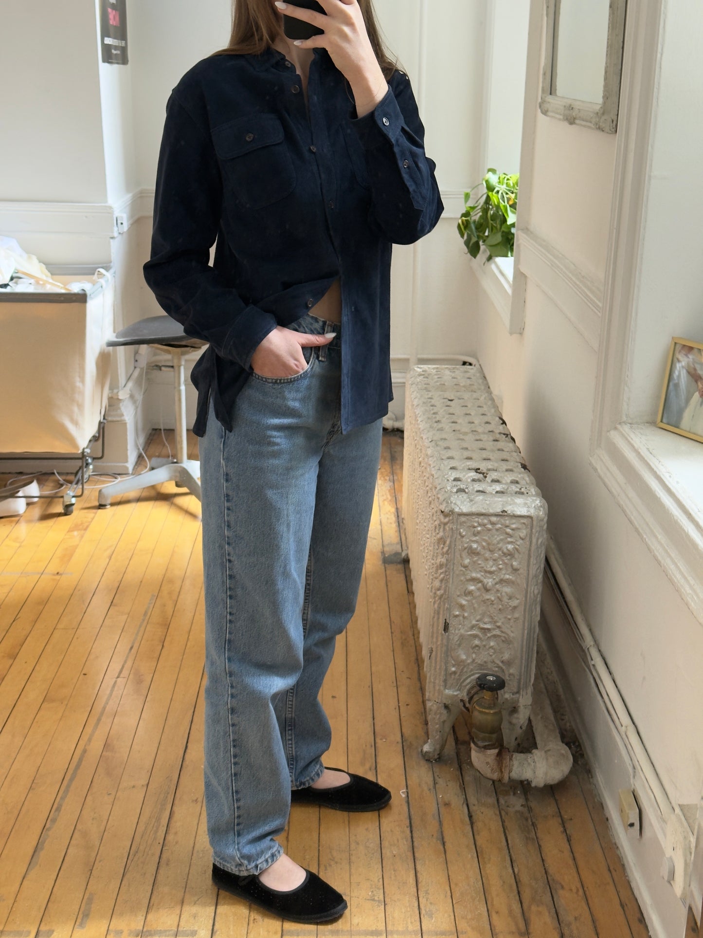 Vintage 90's Ralph Lauren Navy Leather Suede Shirt