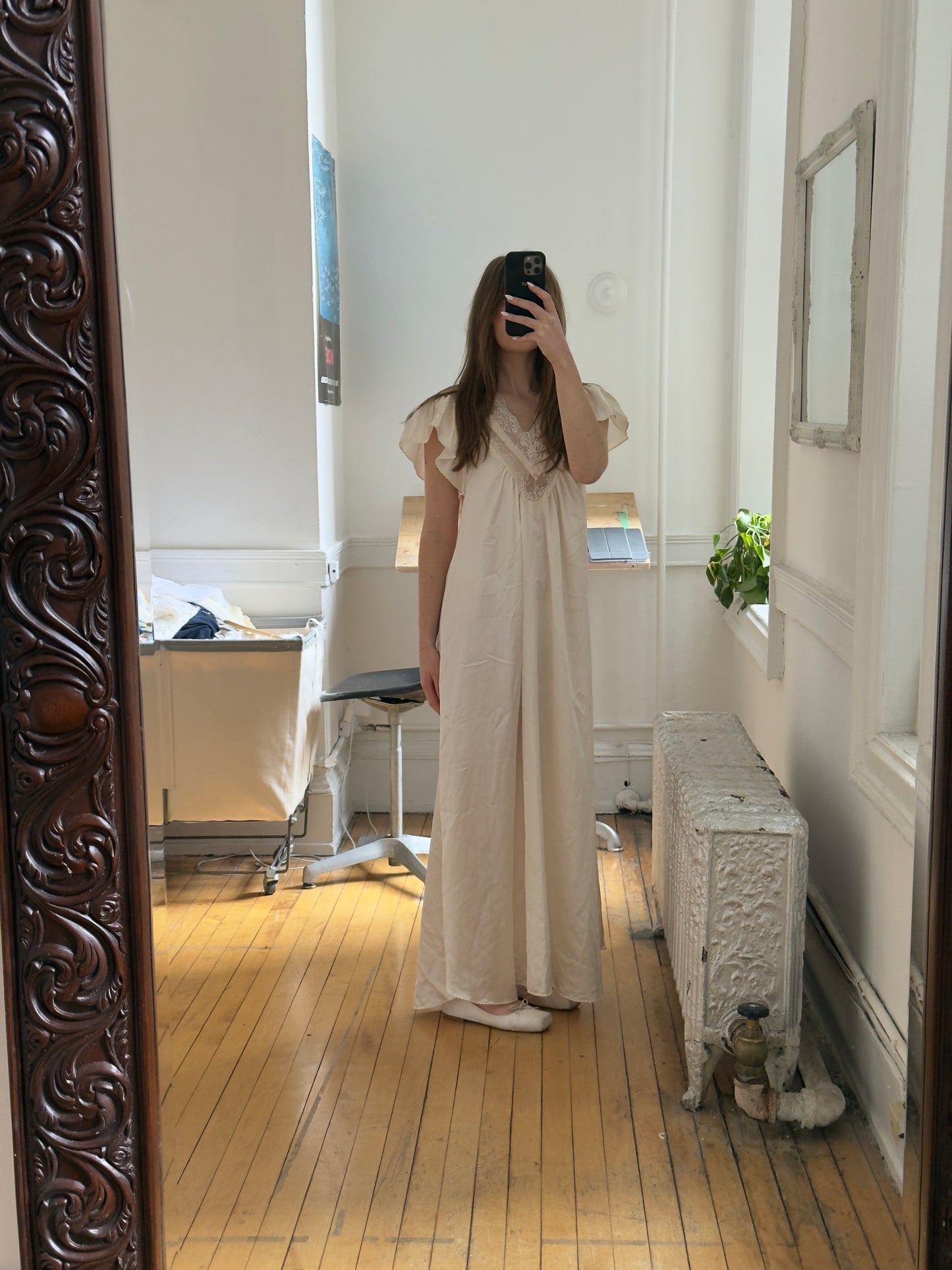 Vintage 70's Ivory Satin Maxi Slip Dress/Nightgown with Lace Detailing