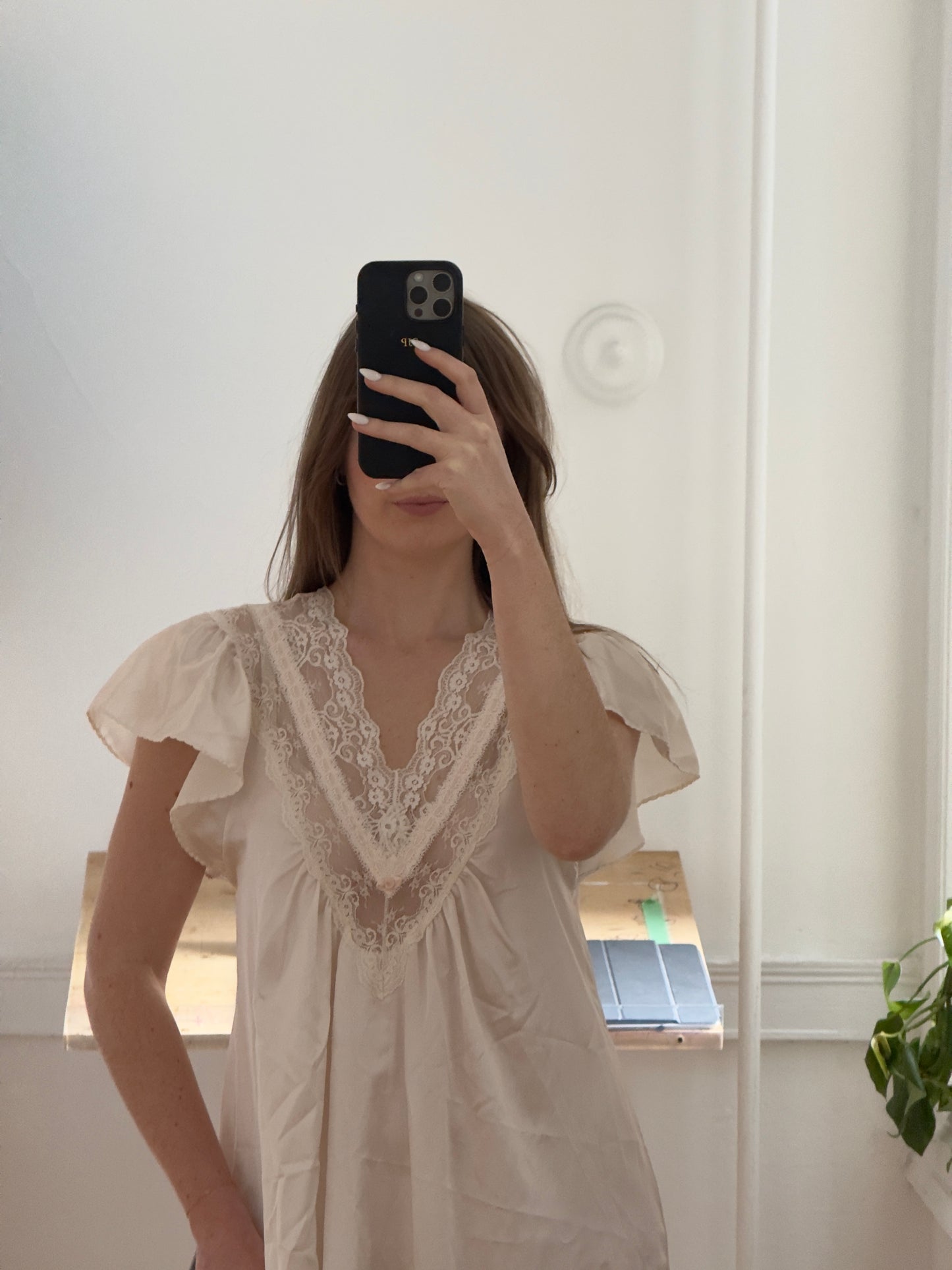 Vintage 70's Ivory Satin Maxi Slip Dress/Nightgown with Lace Detailing