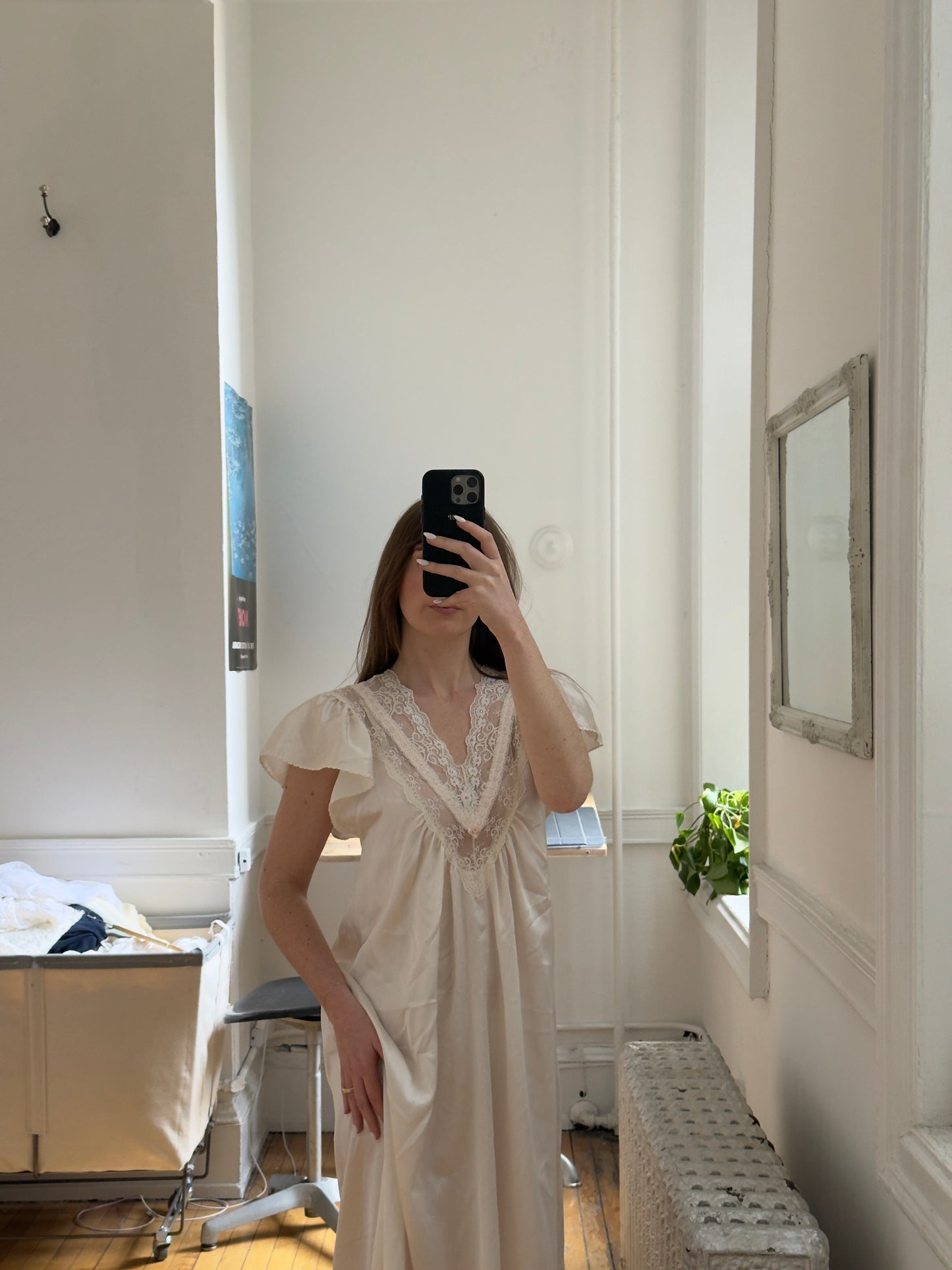 Vintage 70's Ivory Satin Maxi Slip Dress/Nightgown with Lace Detailing