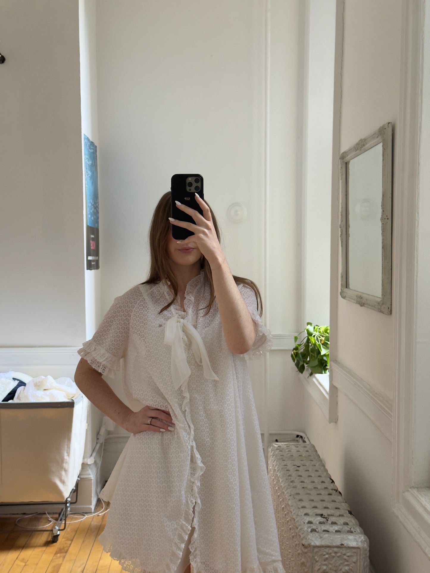 Vintage 60's White Lace Overlay Ruffle Tie Robe/Dress