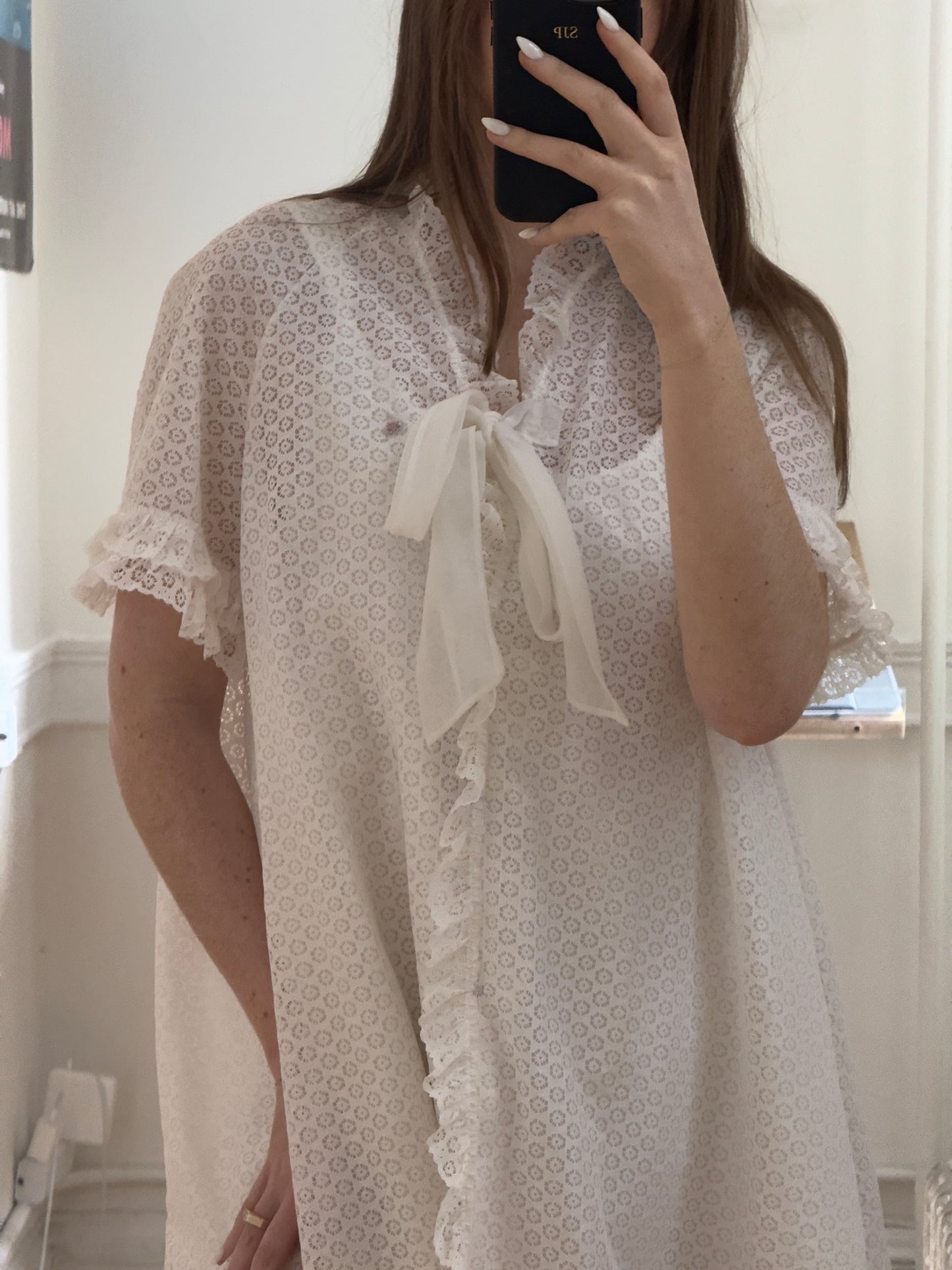 Vintage 60's White Lace Overlay Ruffle Tie Robe/Dress