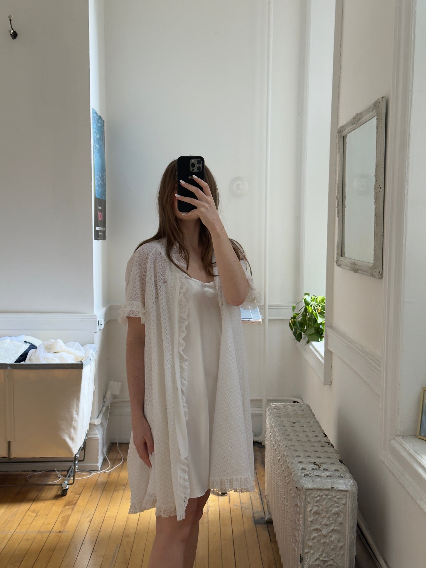 Vintage 60's White Lace Overlay Ruffle Tie Robe/Dress