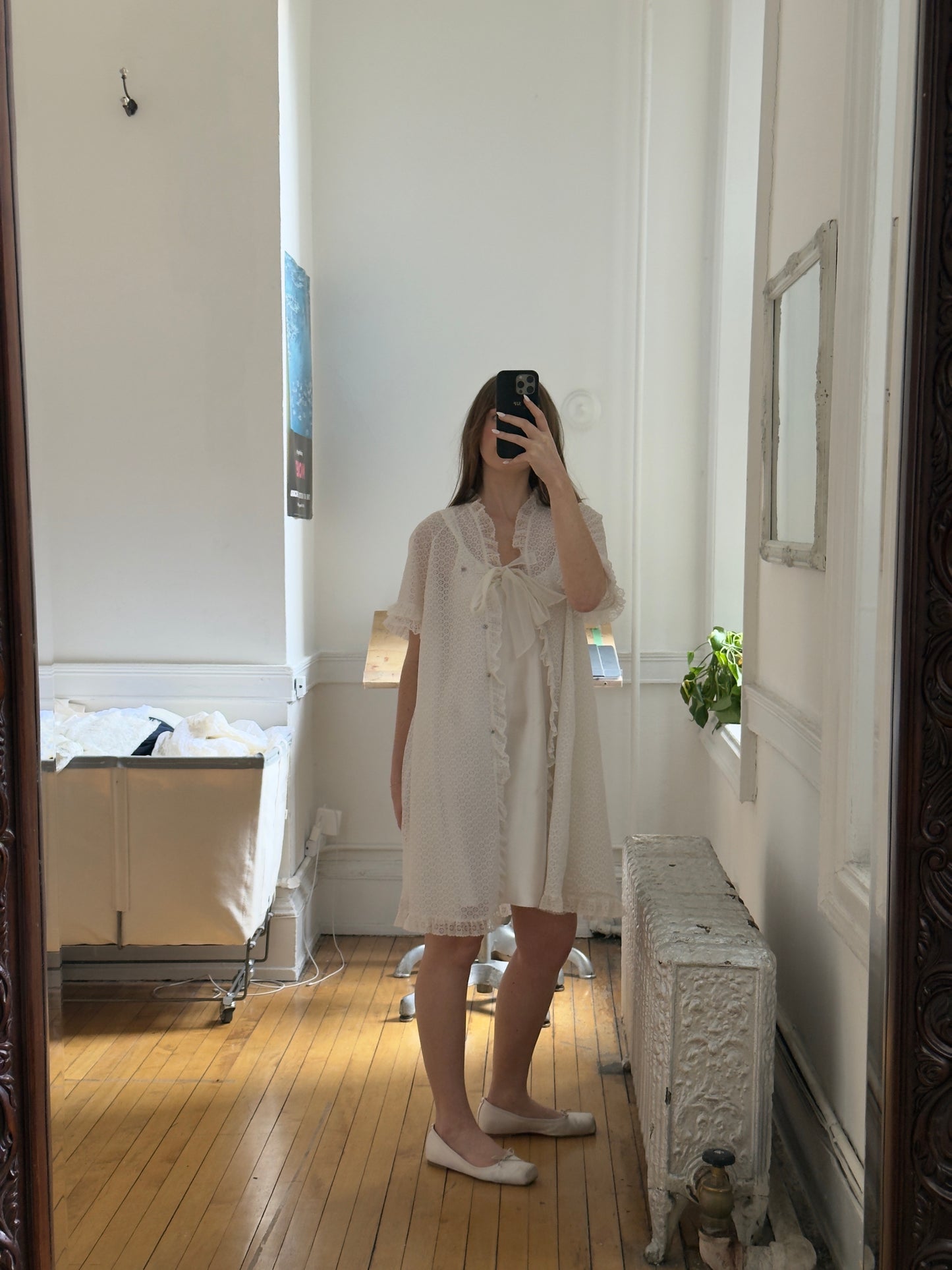 Vintage 60's White Lace Overlay Ruffle Tie Robe/Dress