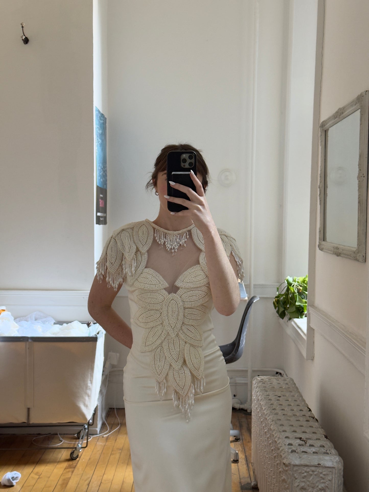 Vintage 70's Embellished Satin Bridal Dress with Intricate Fringe Beading