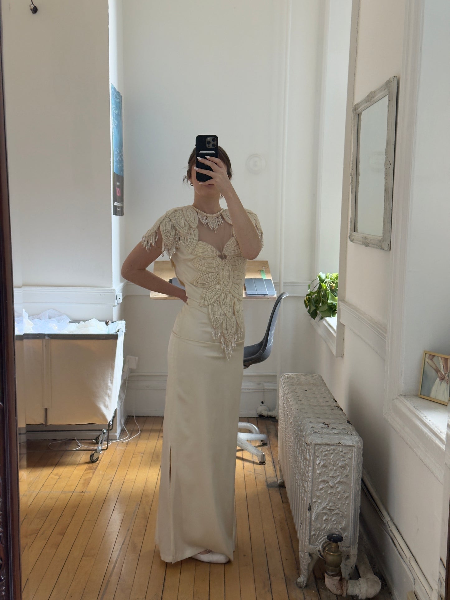 Vintage 70's Embellished Satin Bridal Dress with Intricate Fringe Beading