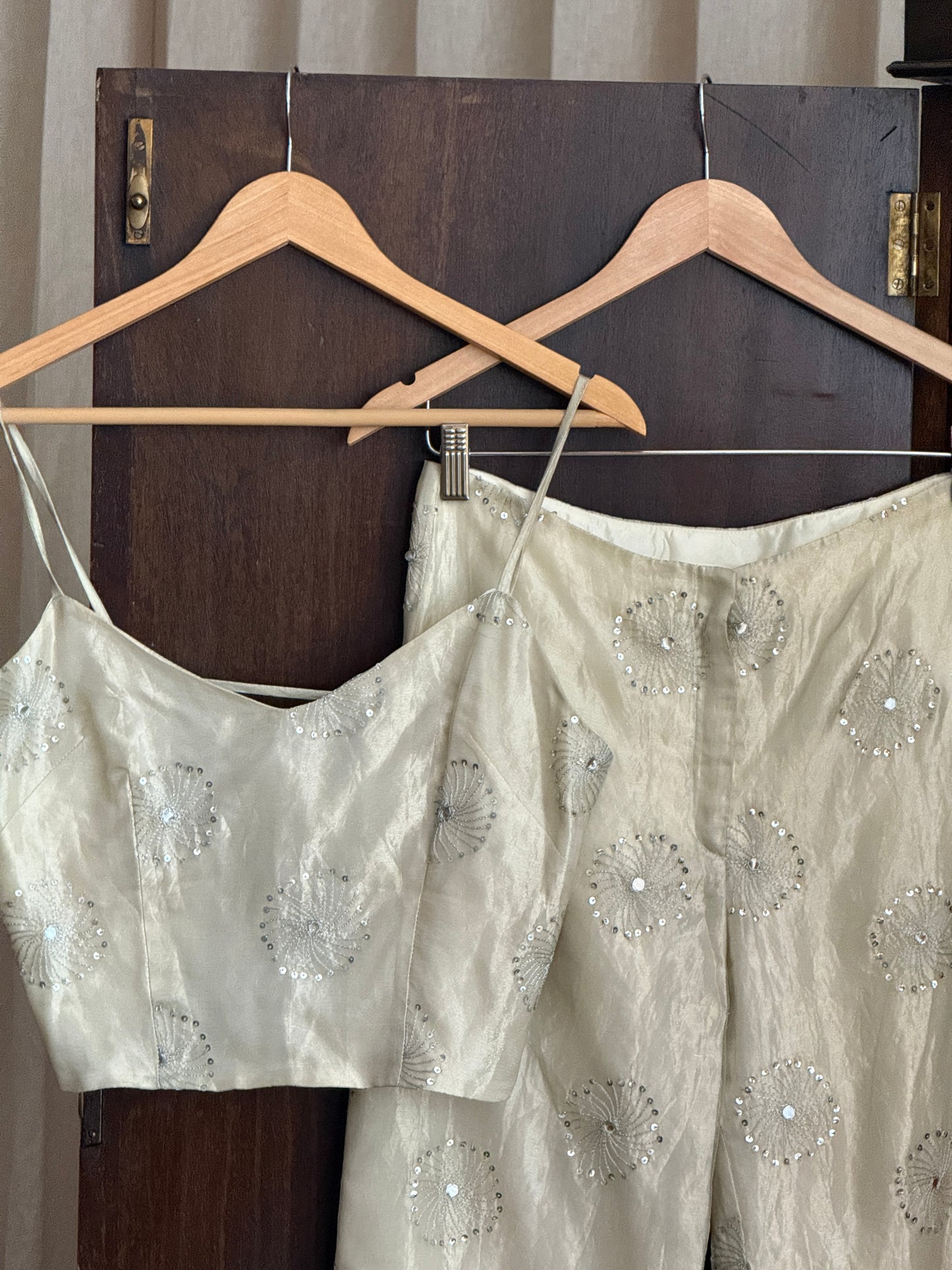 Vintage ivory metallic/silk sunburst pattern top and pants set by Del Rosario