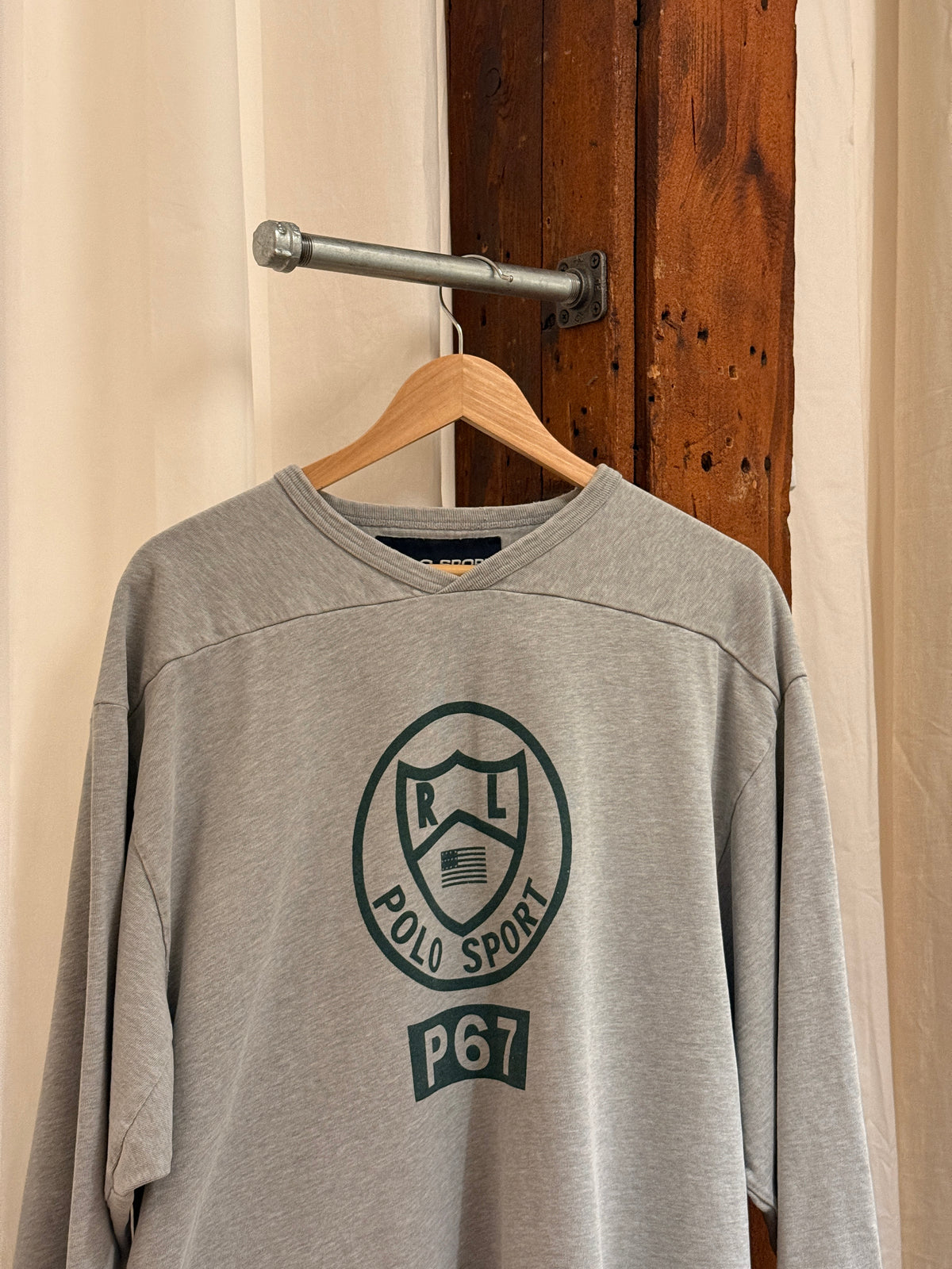 Vintage grey 100% cotton v-neck long sleeve logo shirt by Polo Sport Ralph Lauren