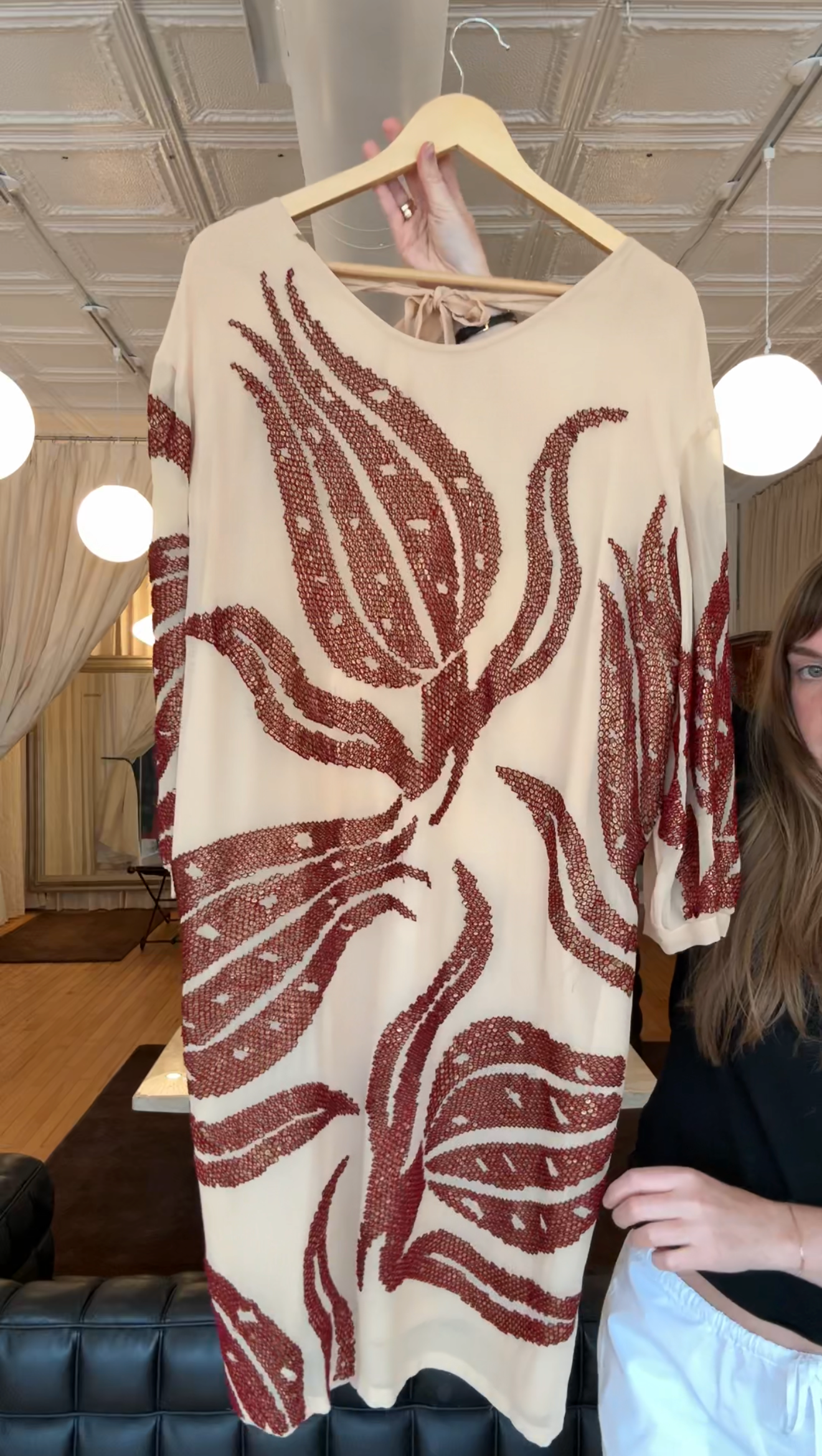 Vintage tan/red patterned 100% silk midi dress by Dries Van Noten for Barney's New York (36)