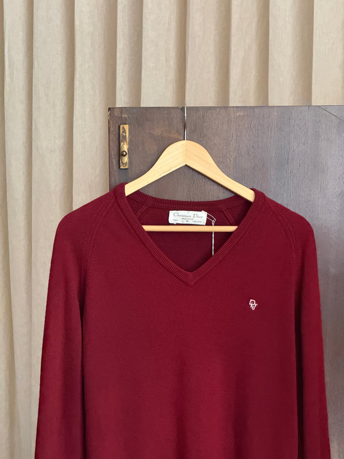 Vintage burgundy v-neck sweater with emblem by Christian Dior Monsieur