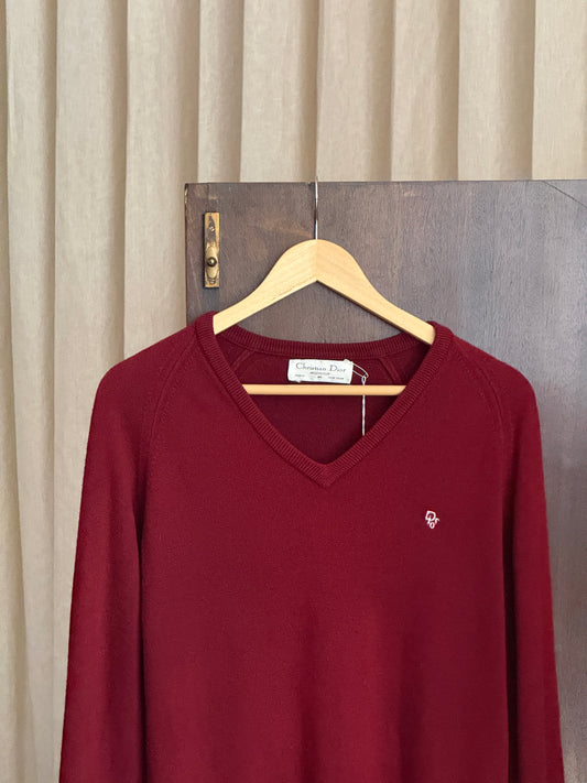 Vintage burgundy v-neck sweater with emblem by Christian Dior Monsieur