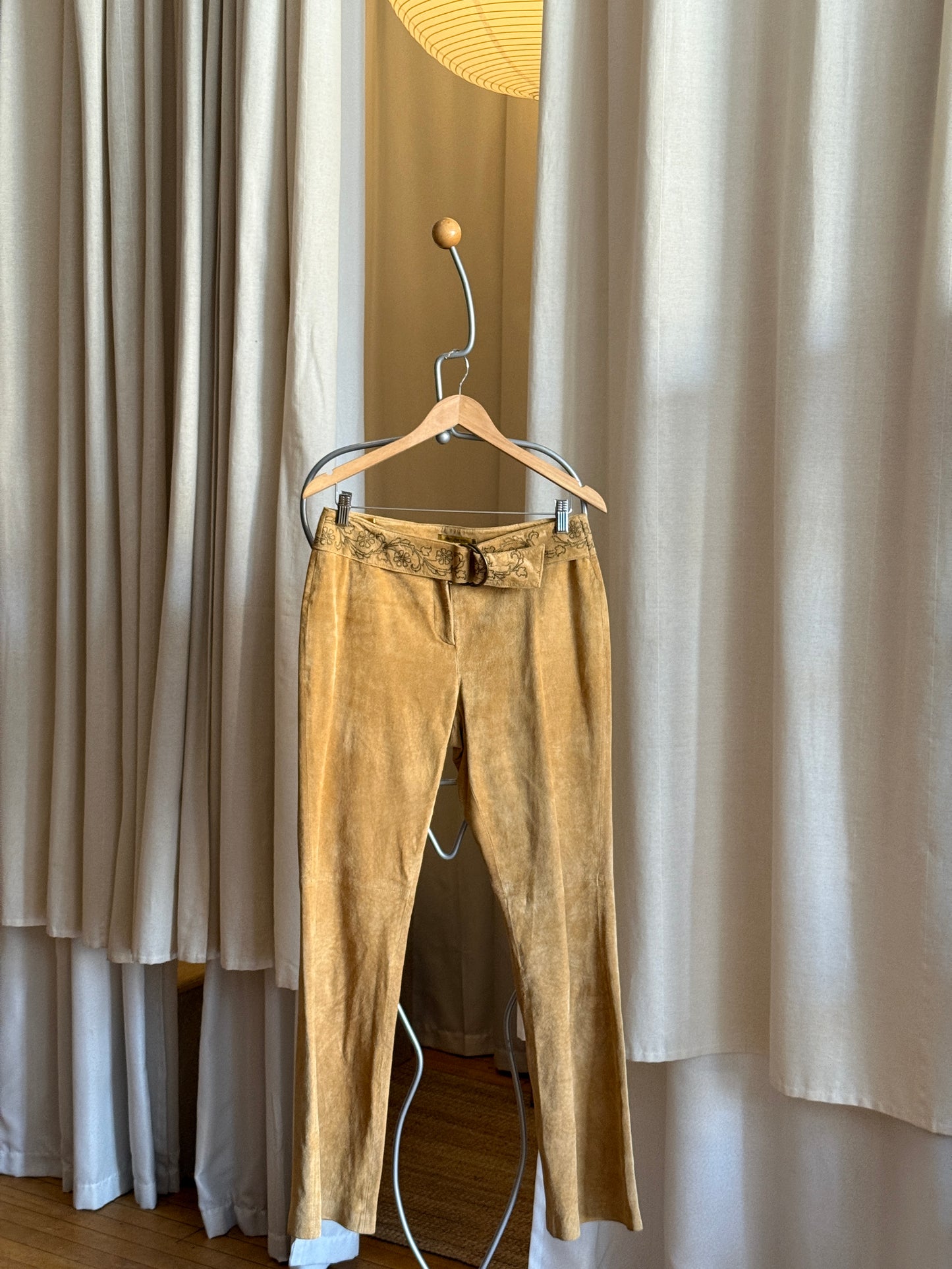 Vintage brown suede 100% leather pants with belt detail