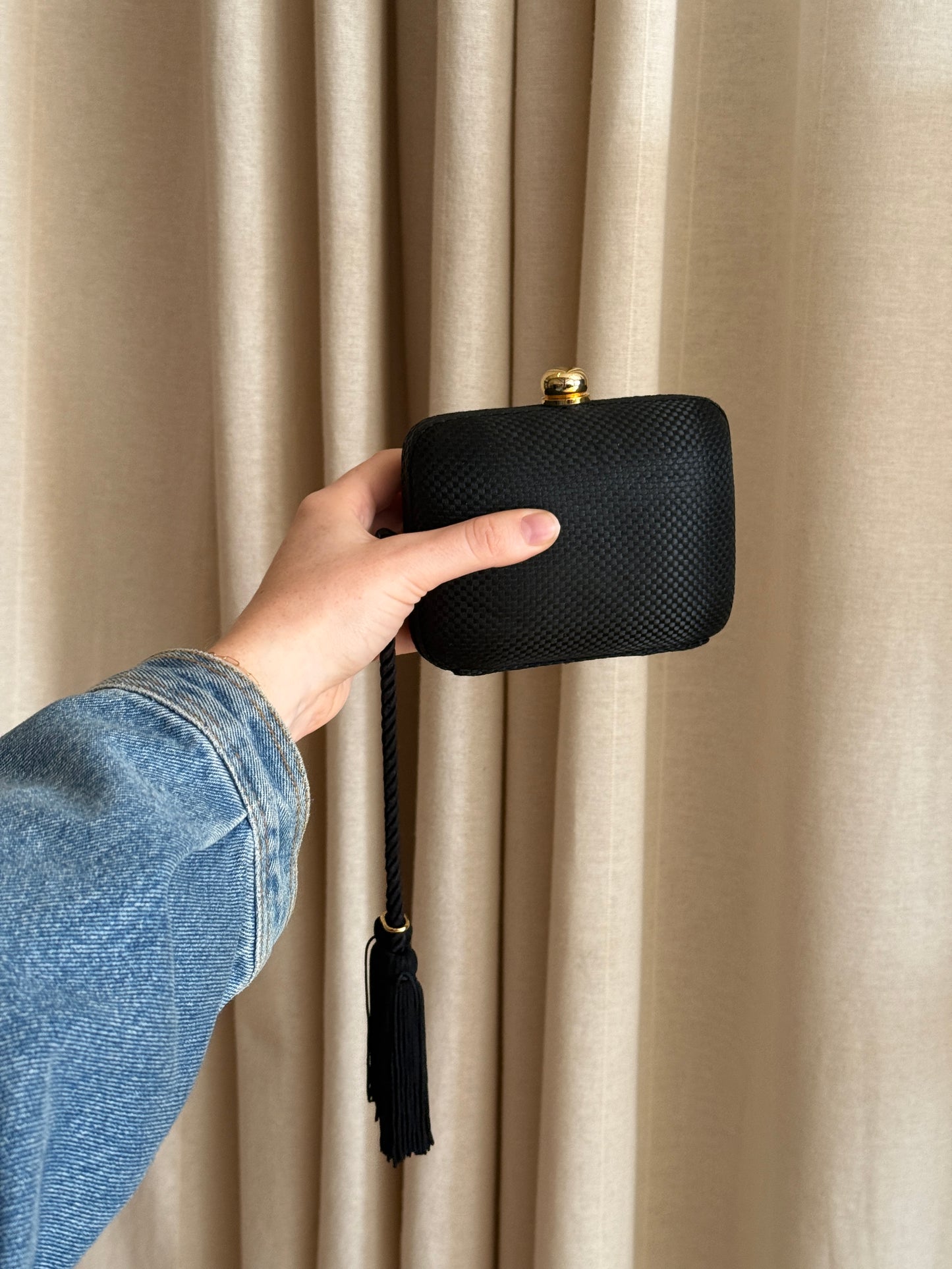 Vintage black hard shell minaudiere clutch with tassel by La Regale