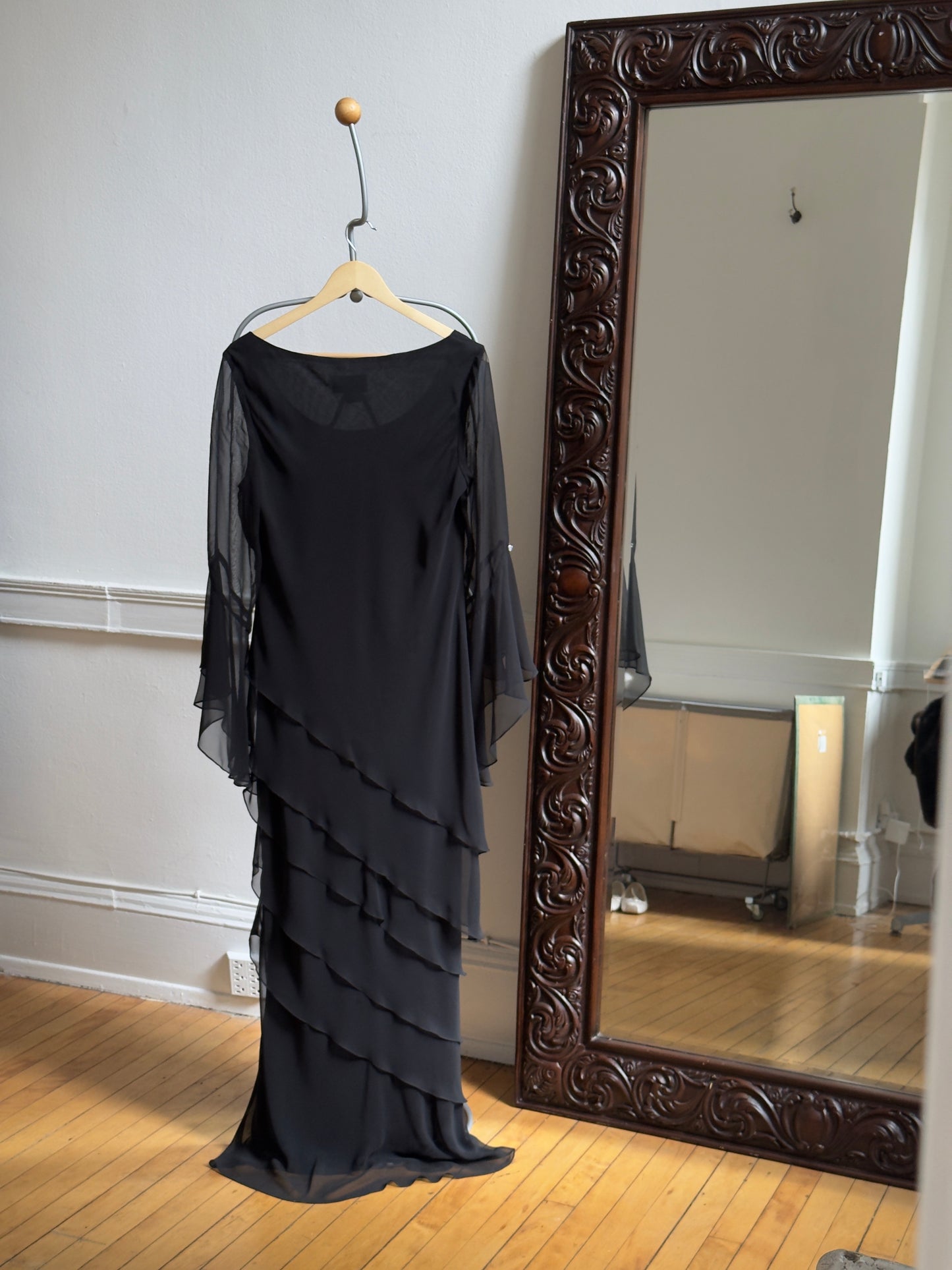 Vintage 80's Black Sheer Flowy Long Sleeved Evening Dress Vintage 80's Black Sheer Flowy Long Sleeved Evening Dress
