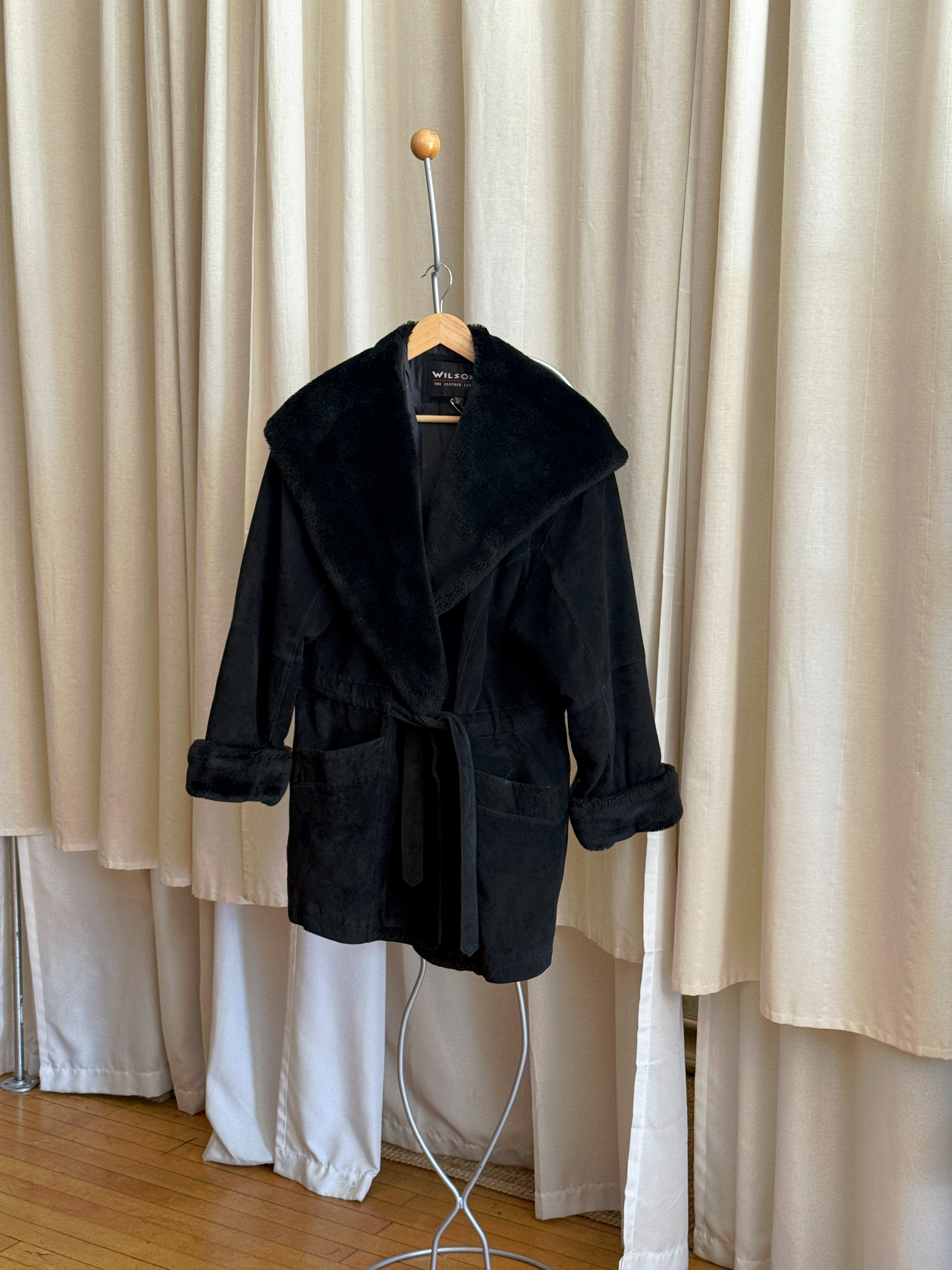 Vintage 100% leather suede coat with faux fur shawl collar by Wilson's