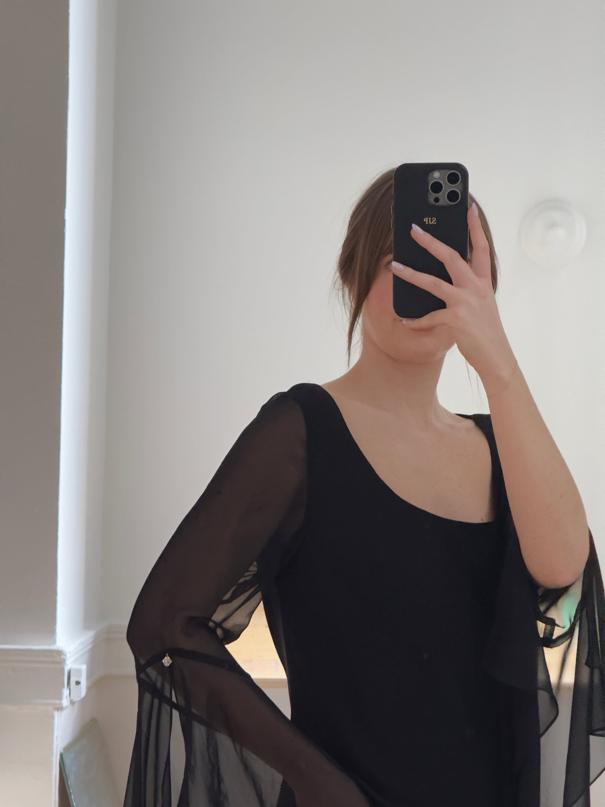 Vintage 80's Black Sheer Flowy Long Sleeved Evening Dress Found by Steph Vintage 80's Black Sheer Flowy Long Sleeved Evening Dress Found by Steph
