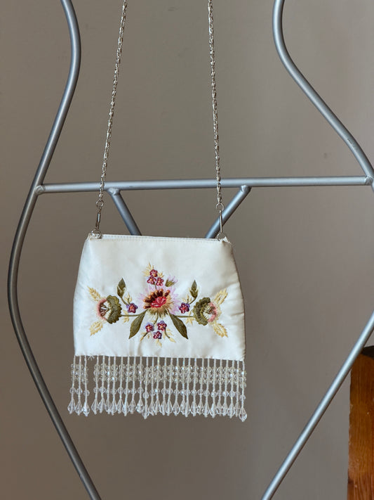Vintage Y2K Ivory Embroidered Evening Bag with Fringe Beading