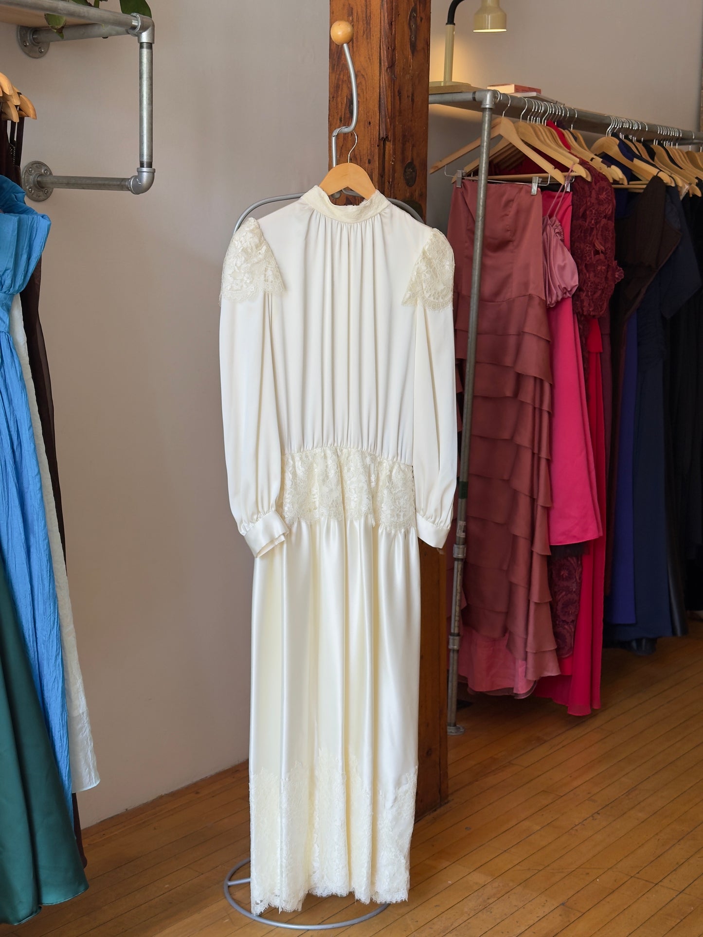 Vintage 70's Silky Long Sleeve Satin Wedding Dress with Lace Detailing
