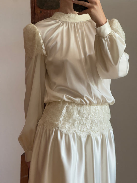 Vintage 70's Silky Long Sleeve Satin Wedding Dress with Lace Detailing